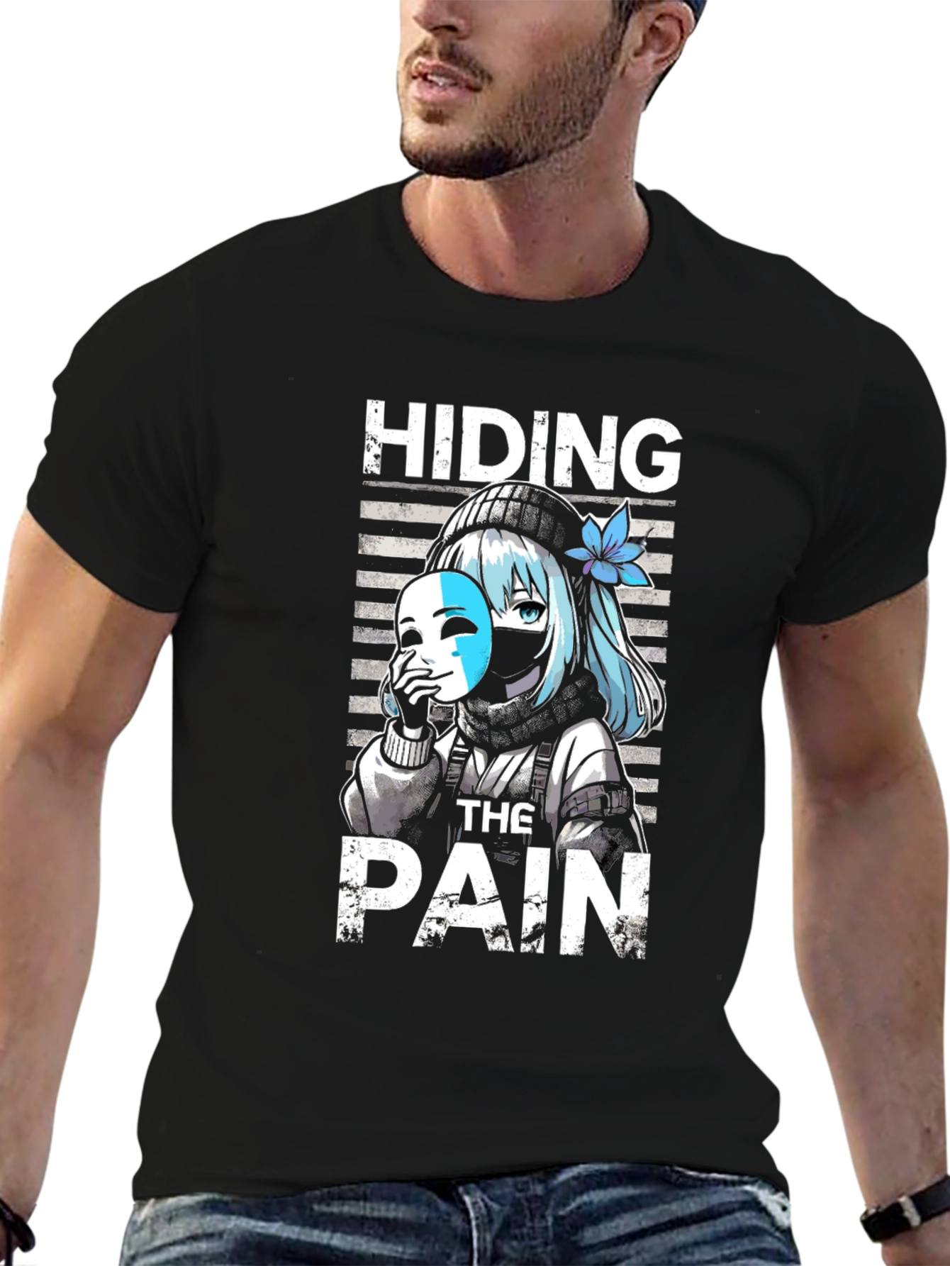 Hiding The Pain Anime Graphic Tee Black