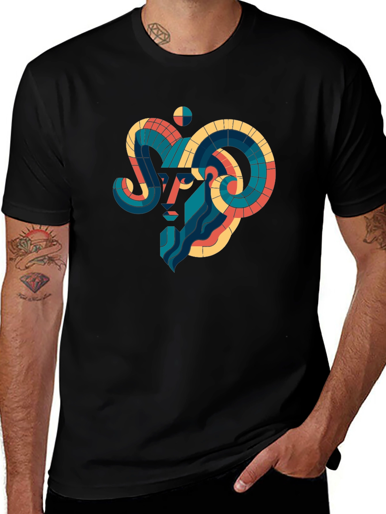 Geometric Aries Ram Graphic Tee - Black