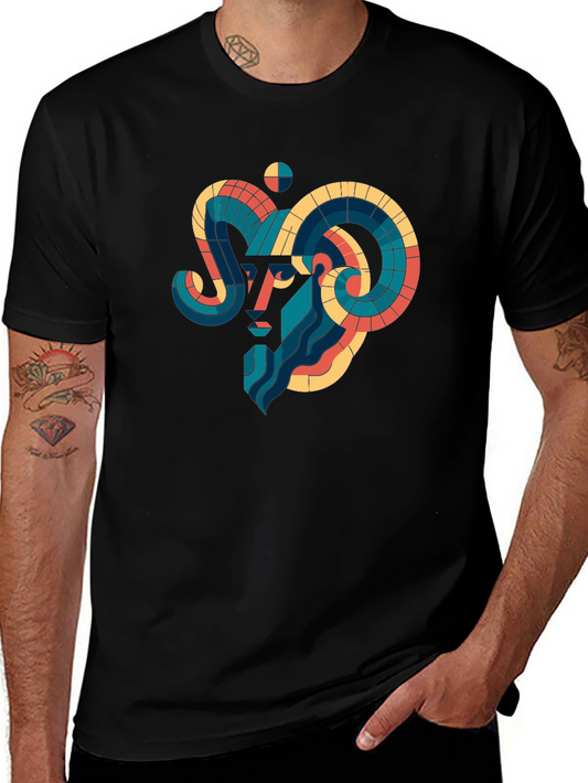 Geometric Aries Ram Graphic Tee - Black
