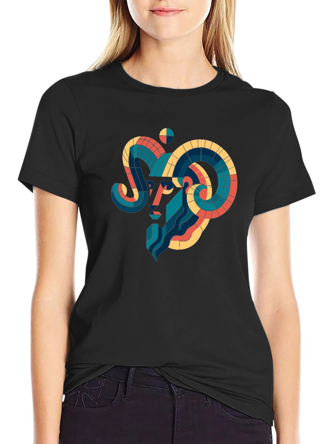 Geometric Aries Ram Graphic Tee - Black