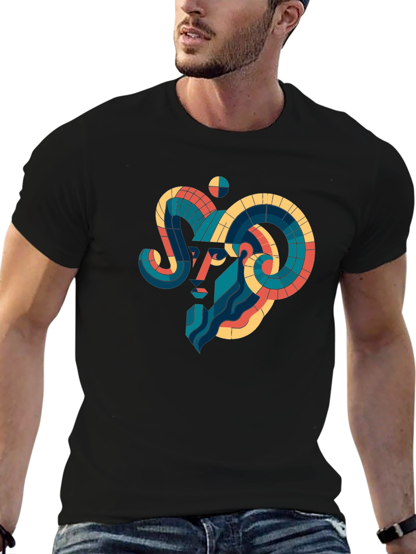 Geometric Aries Ram Graphic Tee - Black
