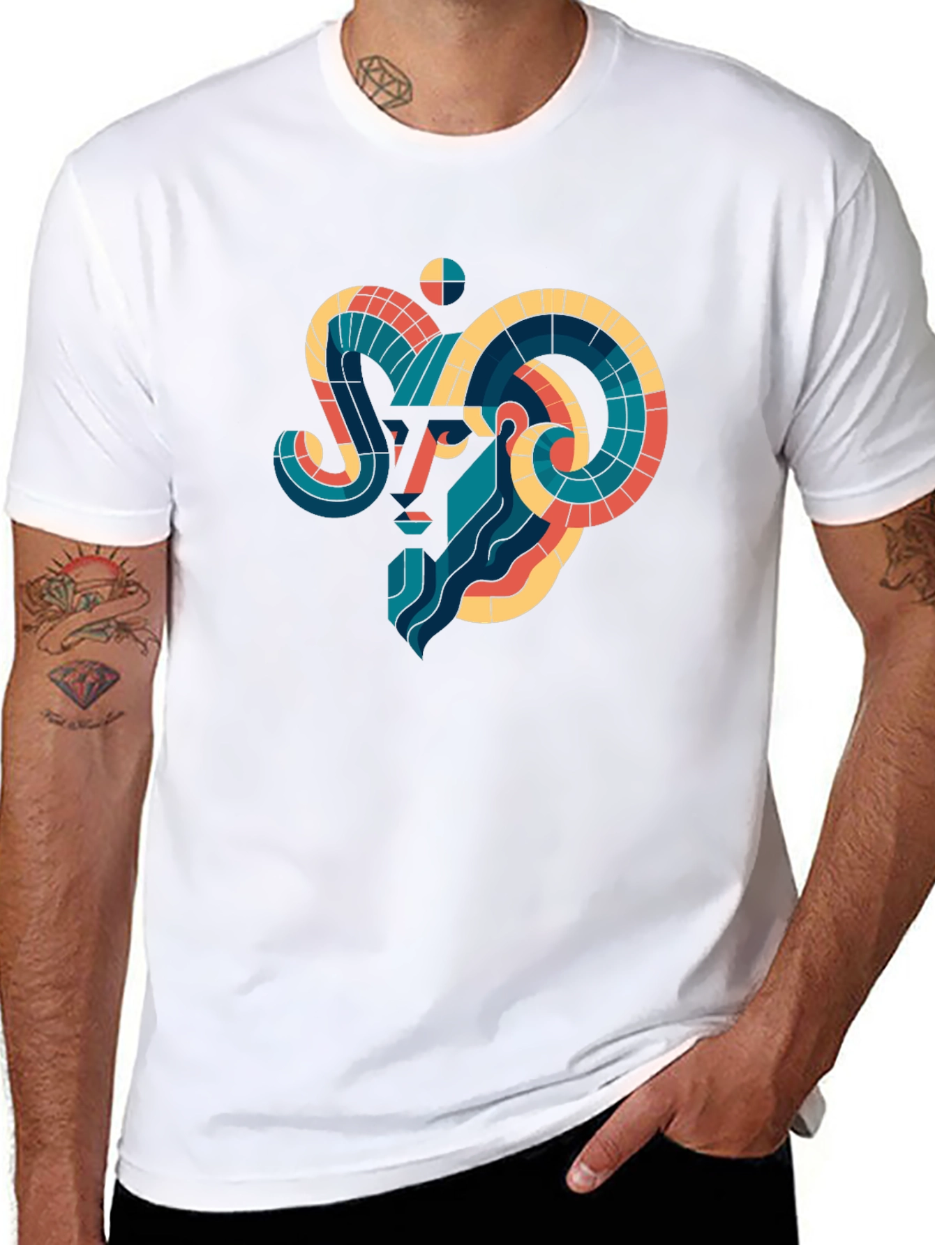 Geometric Aries Ram Graphic Tee - Black