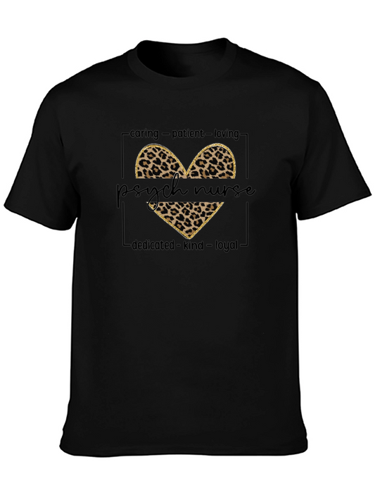 Psych Nurse Leopard Heart Tee - Caring Kind Loyal