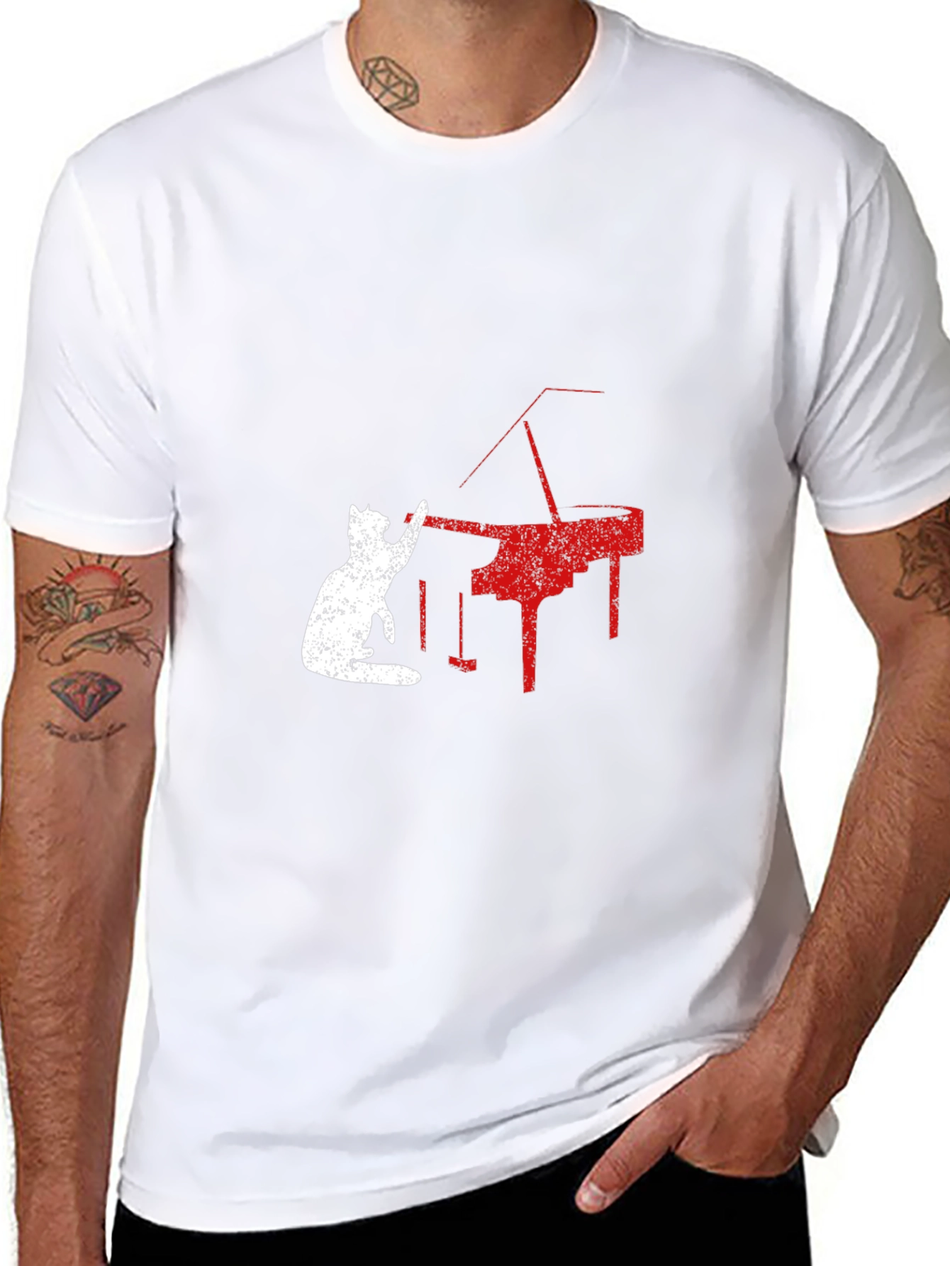 Cat Playing Piano Graphic Tee - Black T-Shirt