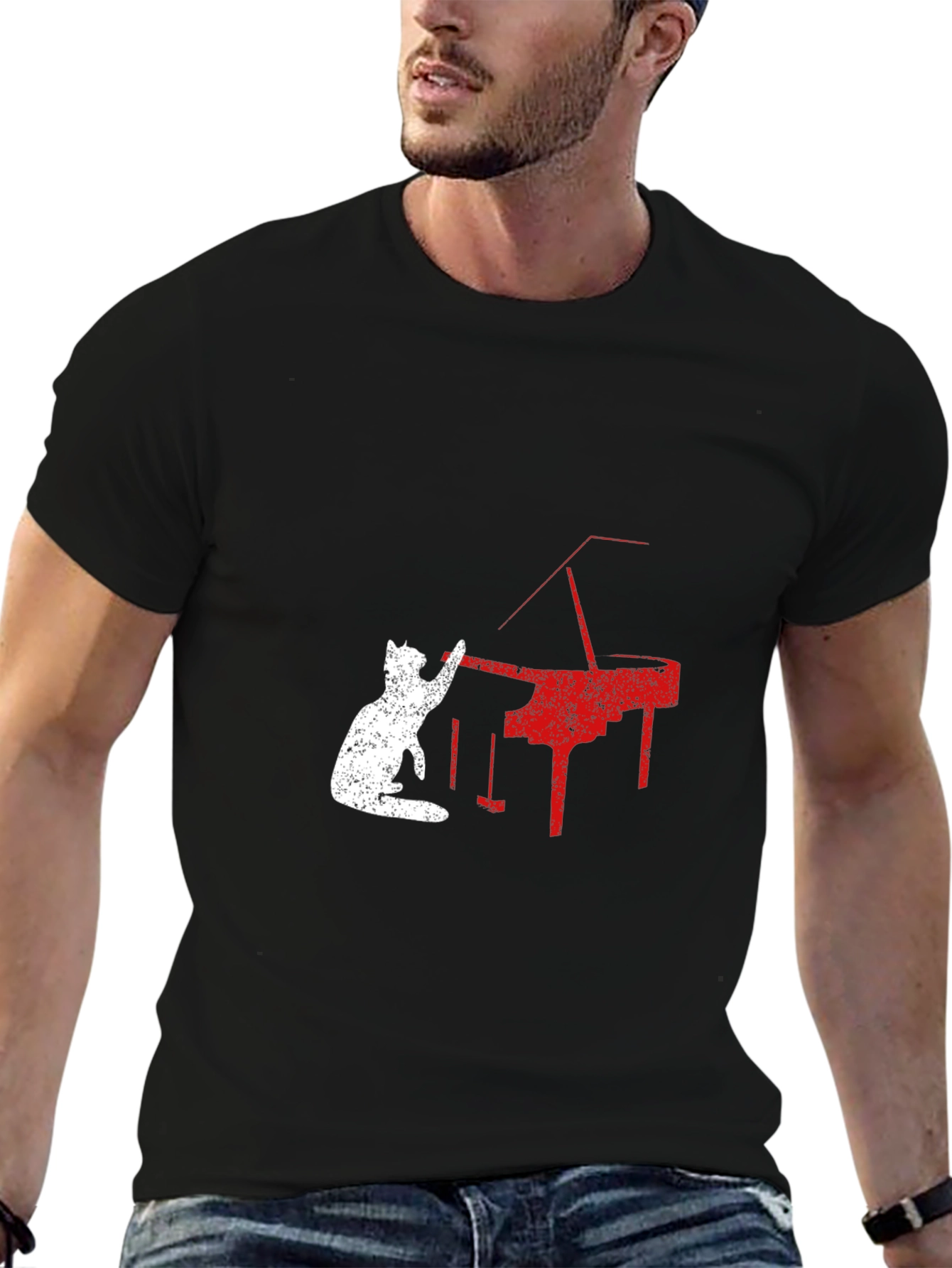 Cat Playing Piano Graphic Tee - Black T-Shirt