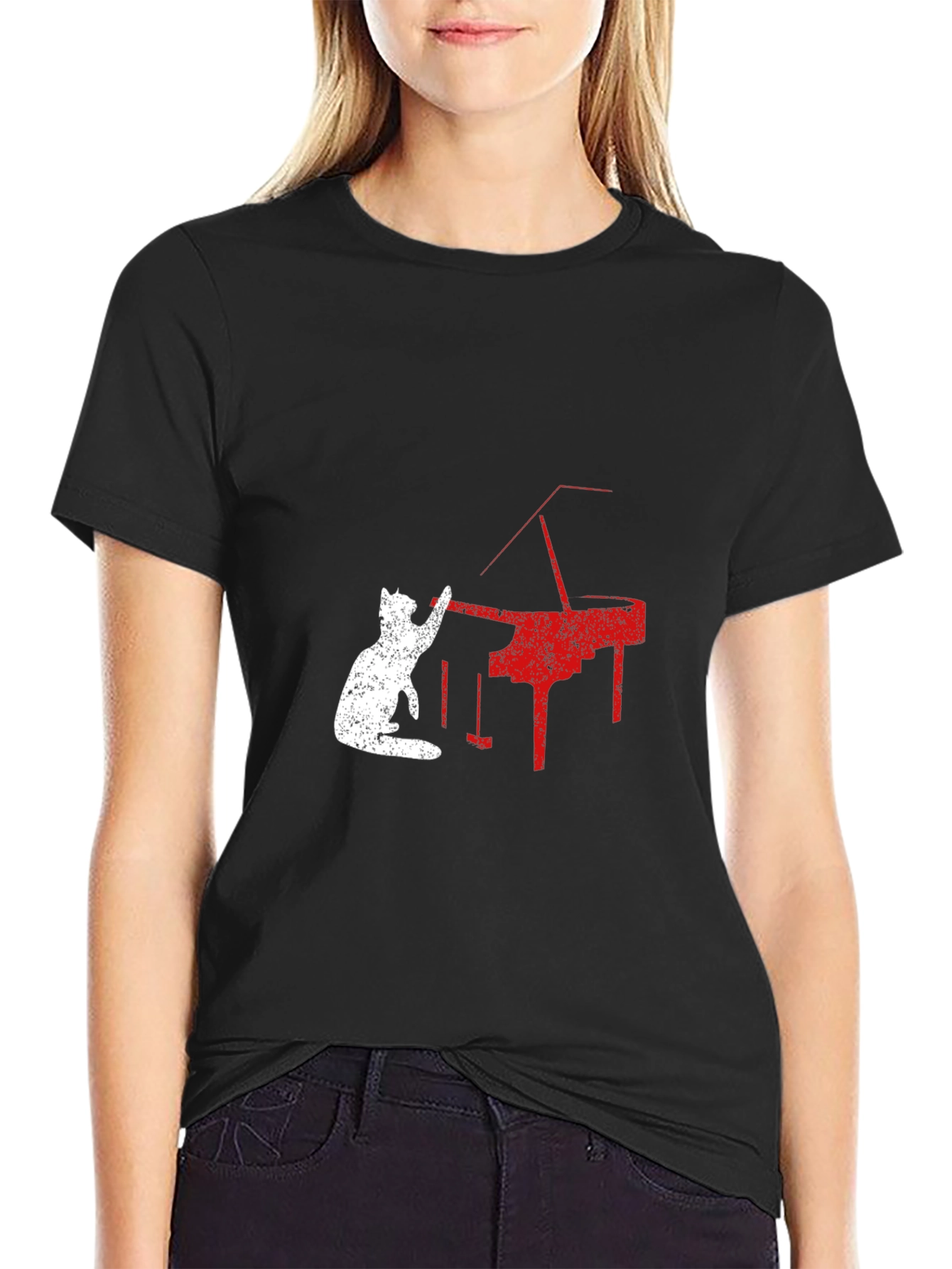Cat Playing Piano Graphic Tee - Black T-Shirt