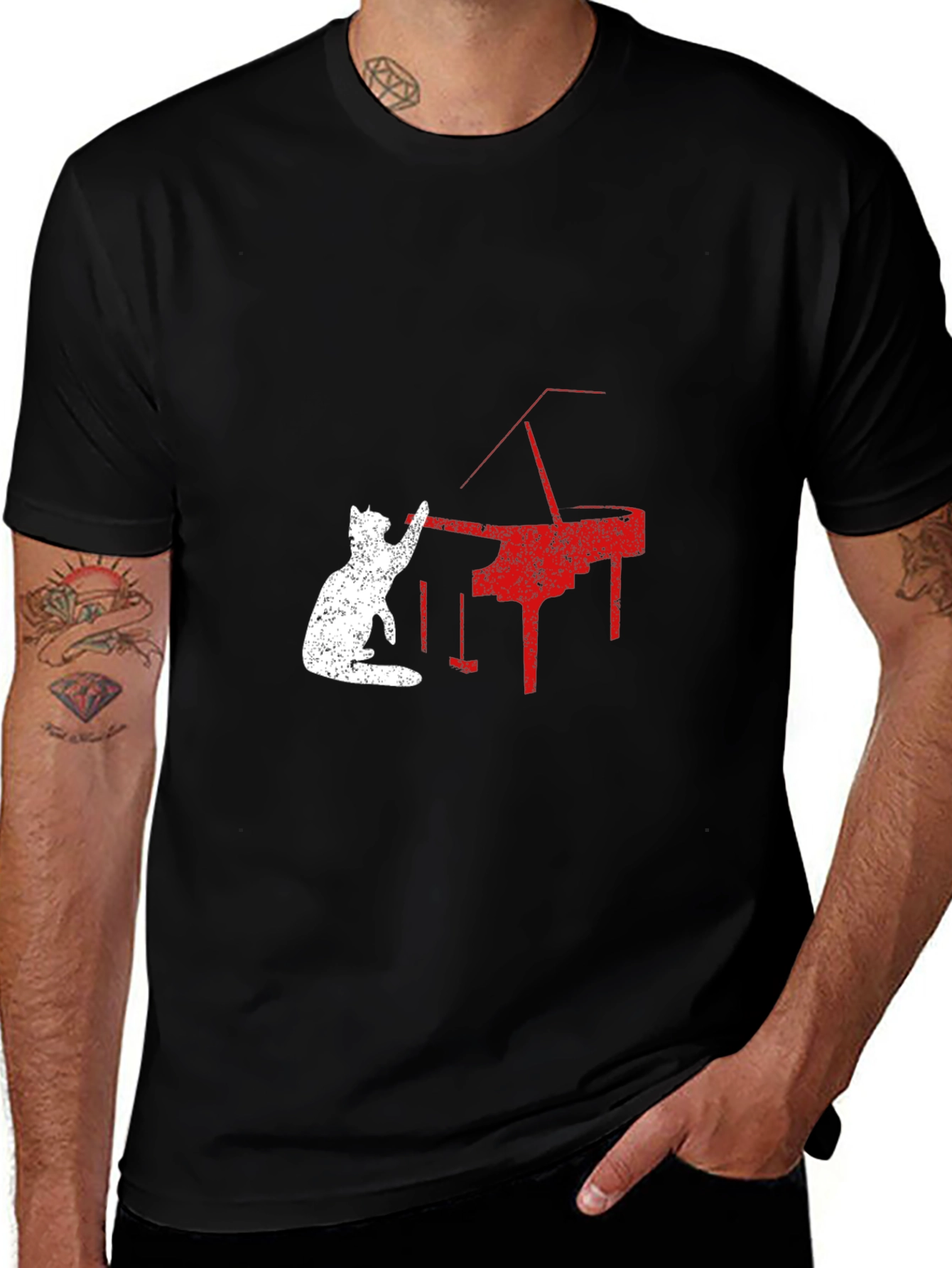 Cat Playing Piano Graphic Tee - Black T-Shirt