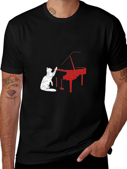 Cat Playing Piano Graphic Tee - Black T-Shirt