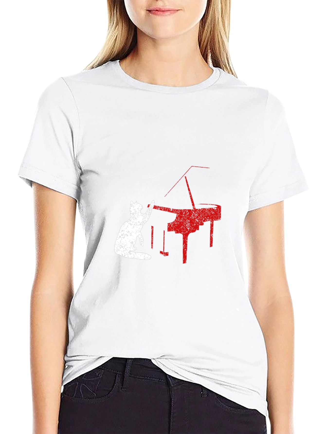 Cat Playing Piano Graphic Tee - Black T-Shirt