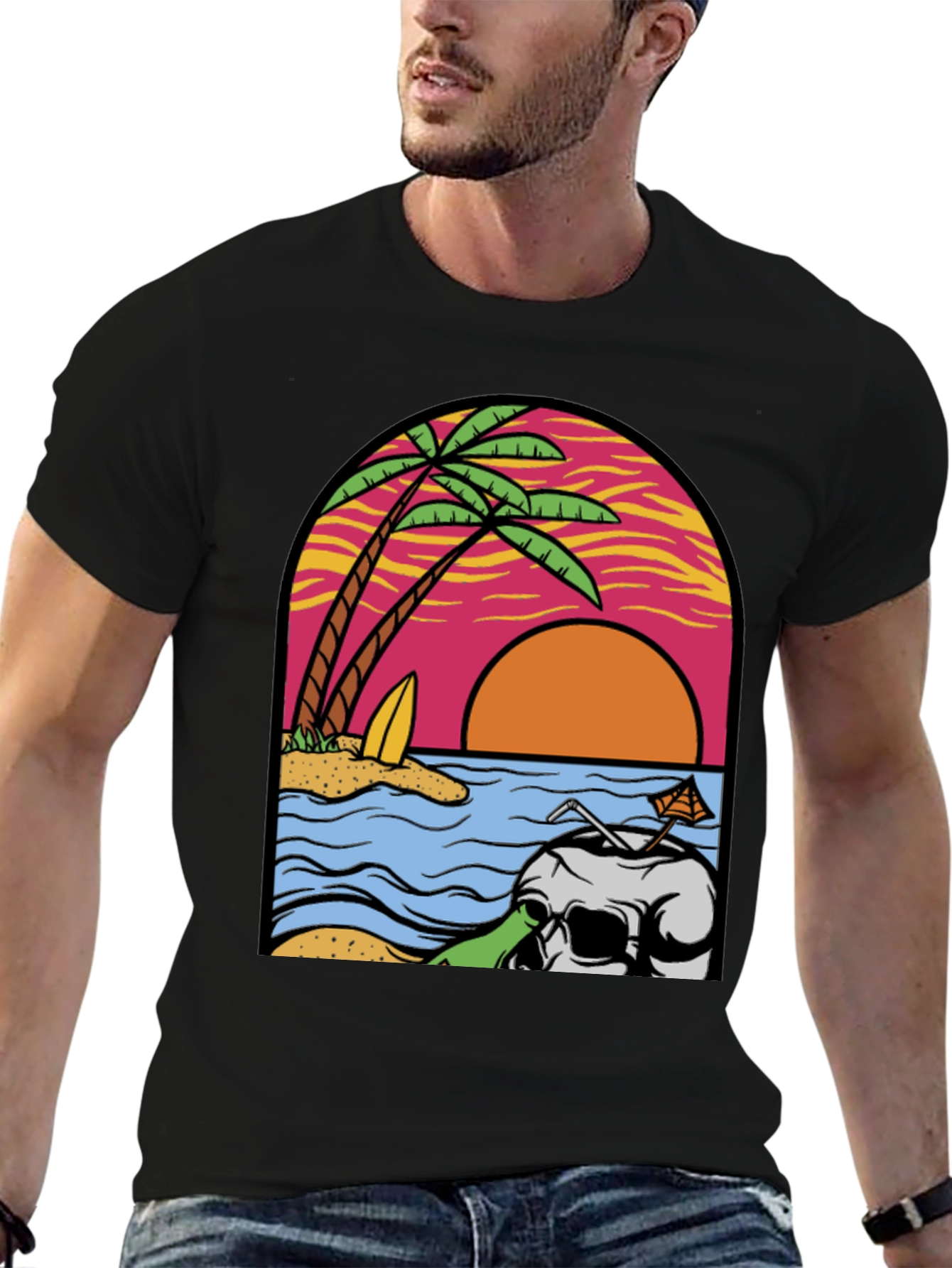 Beach Skull Graphic Tee - Tropical Sunset T-Shirt