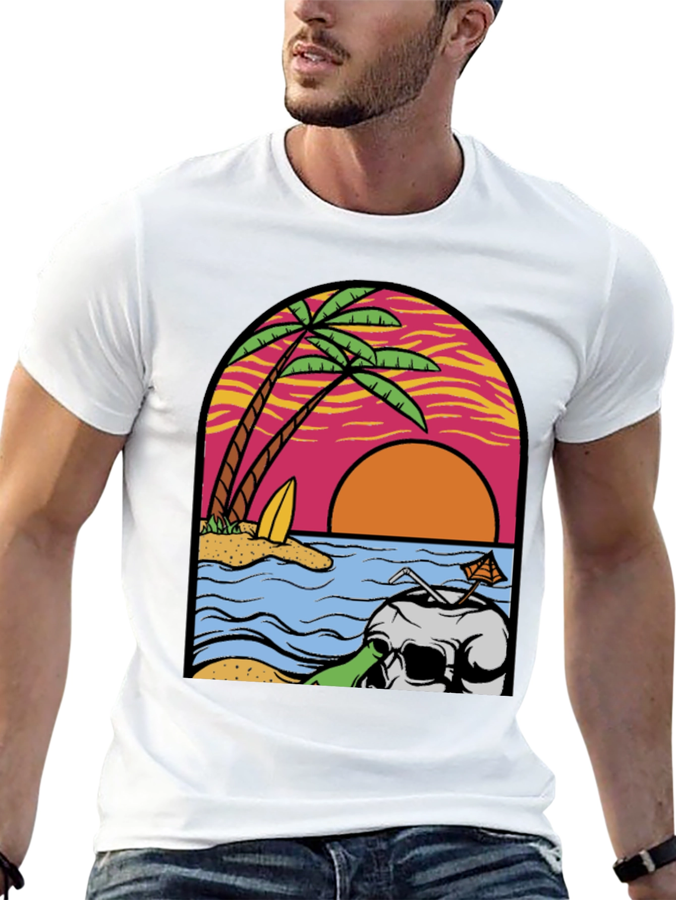 Beach Skull Graphic Tee - Tropical Sunset T-Shirt