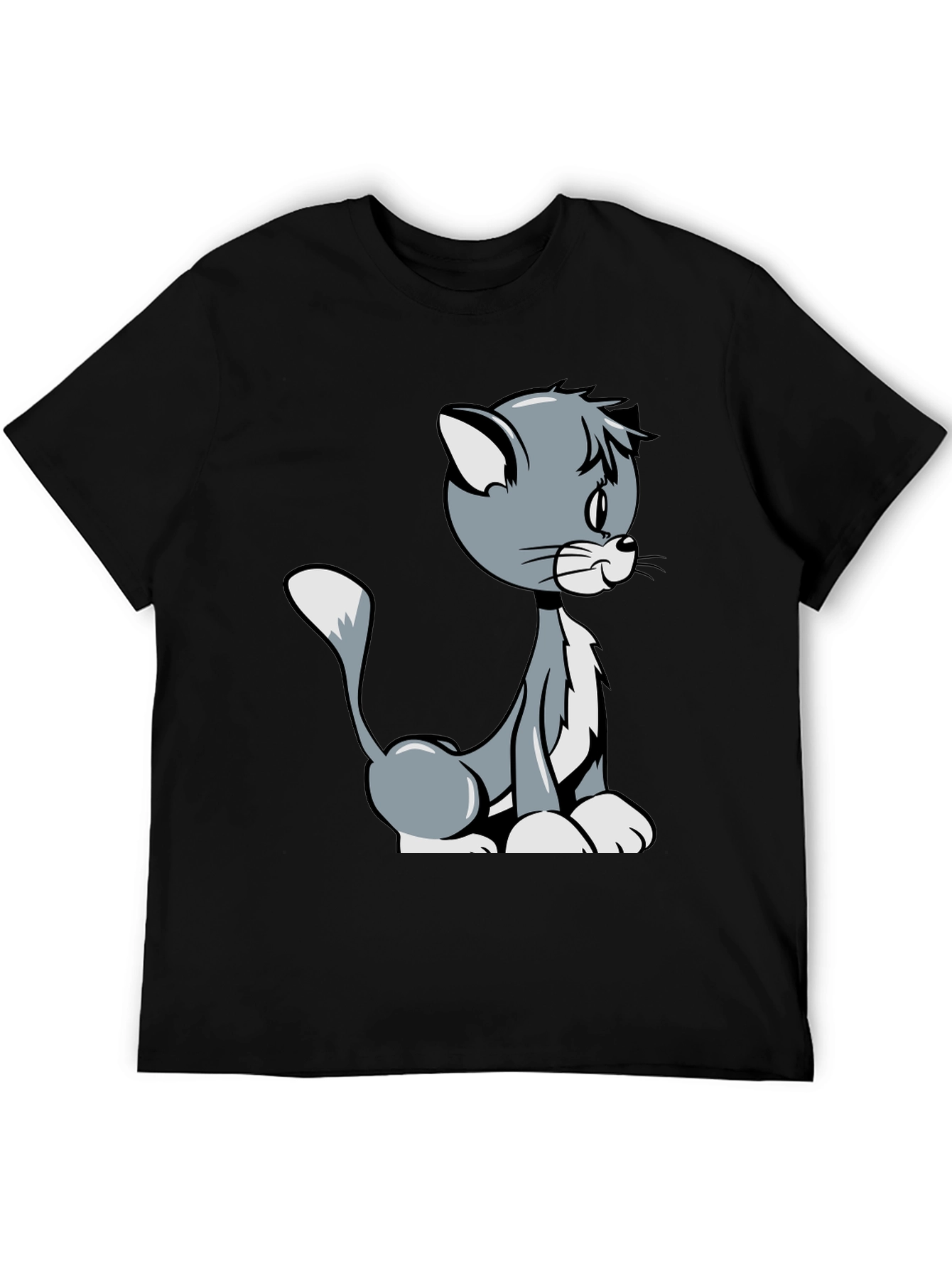 Cartoon Cat Graphic T-Shirt - Black Casual Tee
