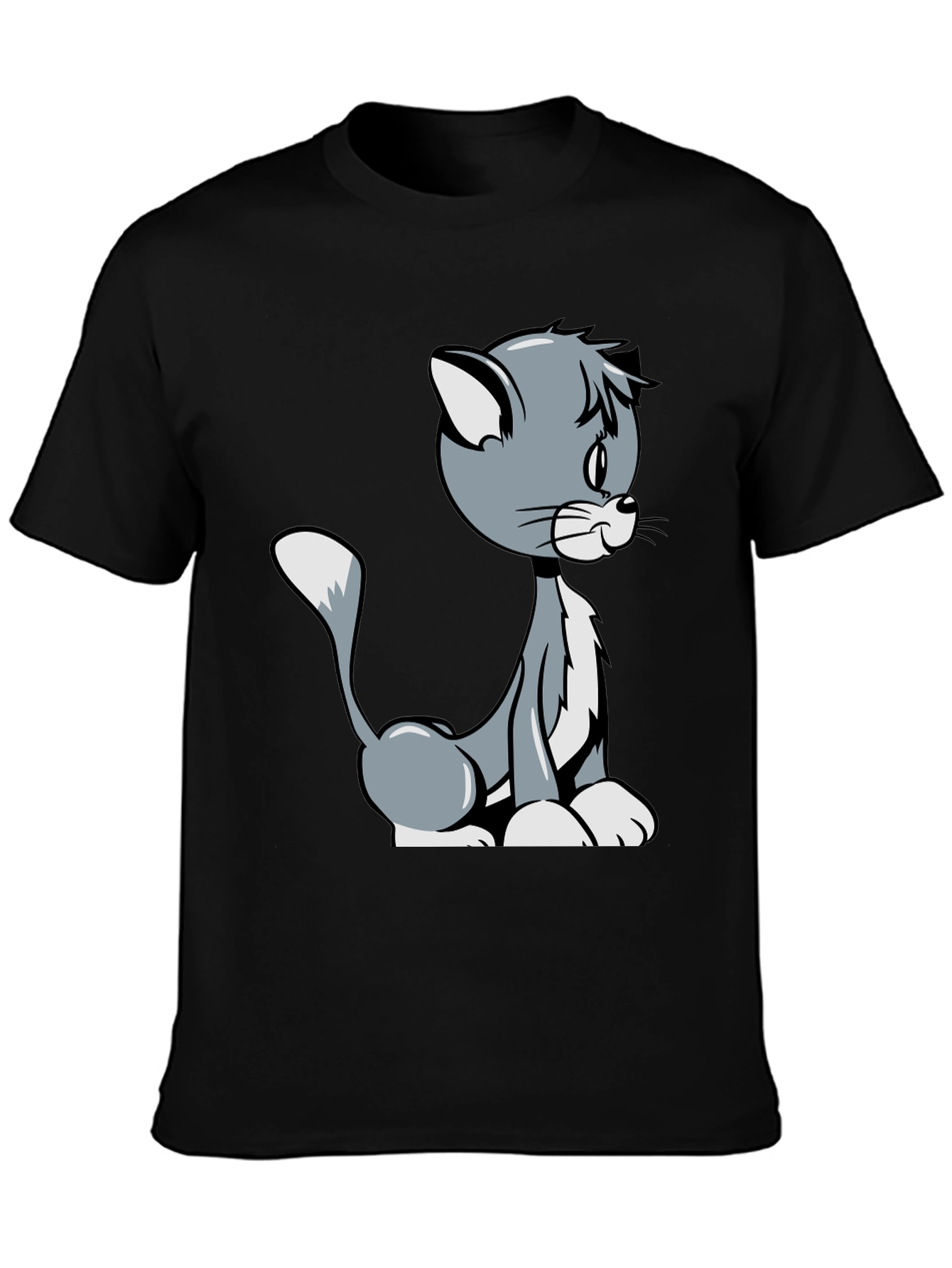Cartoon Cat Graphic T-Shirt - Black Casual Tee