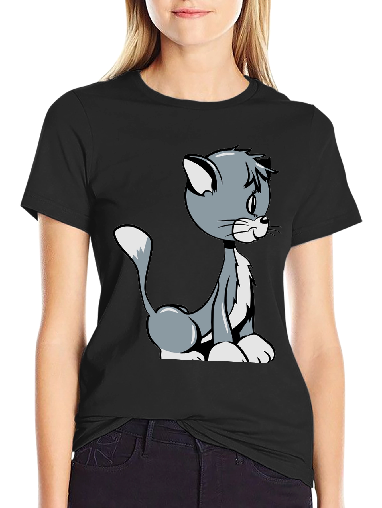 Cartoon Cat Graphic T-Shirt - Black Casual Tee