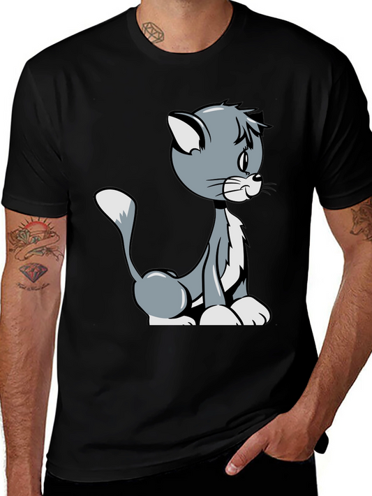 Cartoon Cat Graphic T-Shirt - Black Casual Tee
