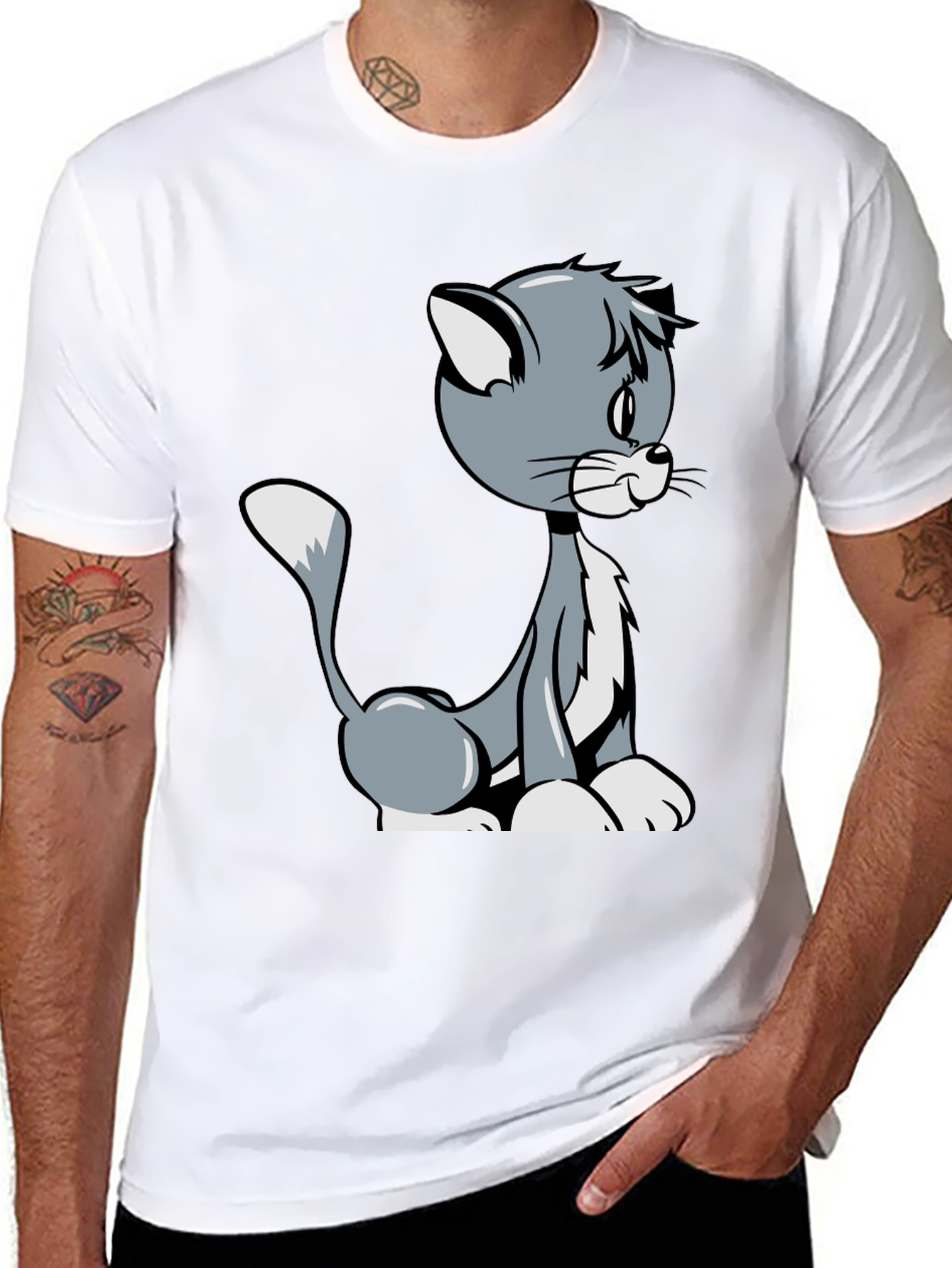 Cartoon Cat Graphic T-Shirt - Black Casual Tee