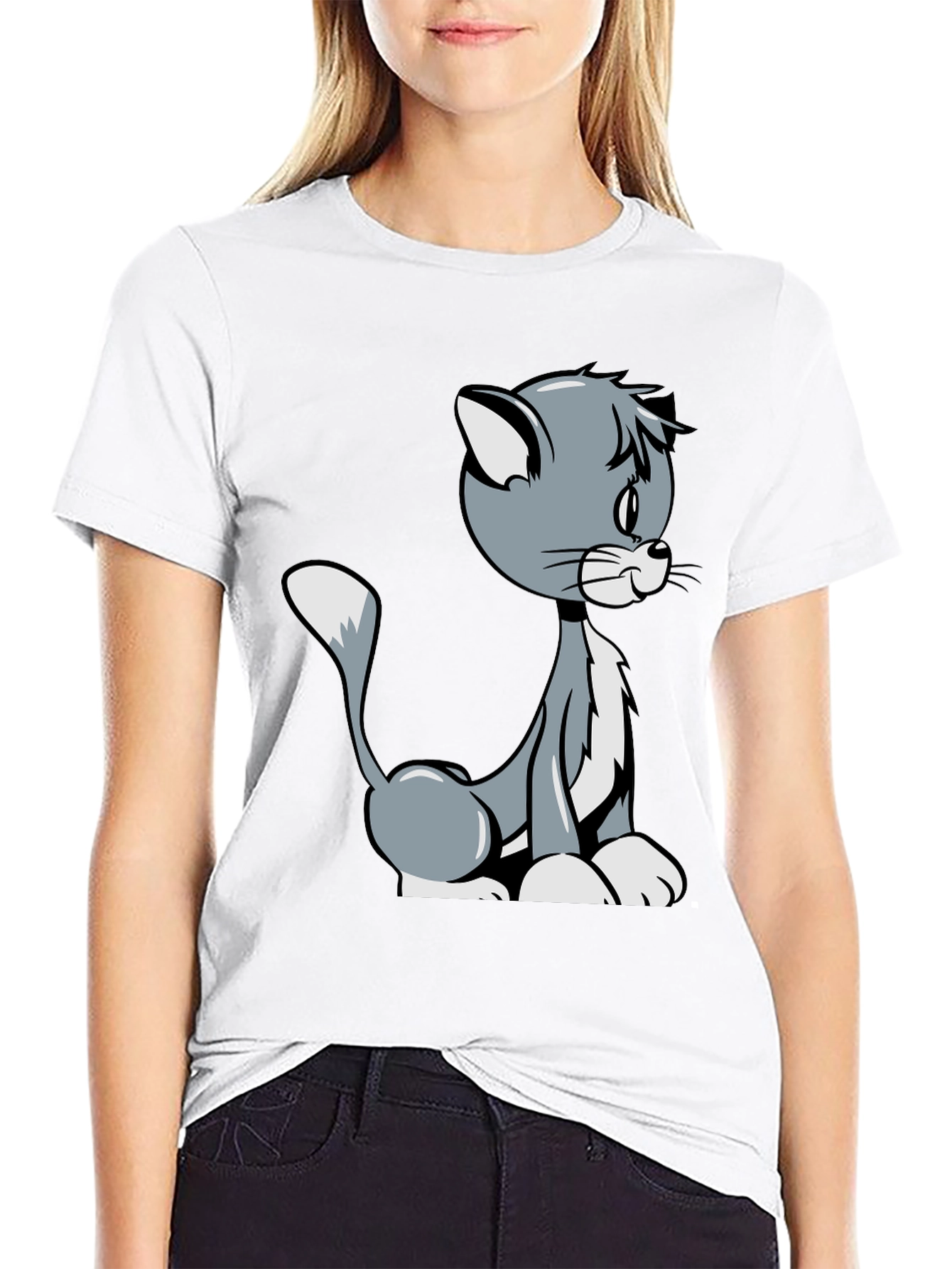 Cartoon Cat Graphic T-Shirt - Black Casual Tee