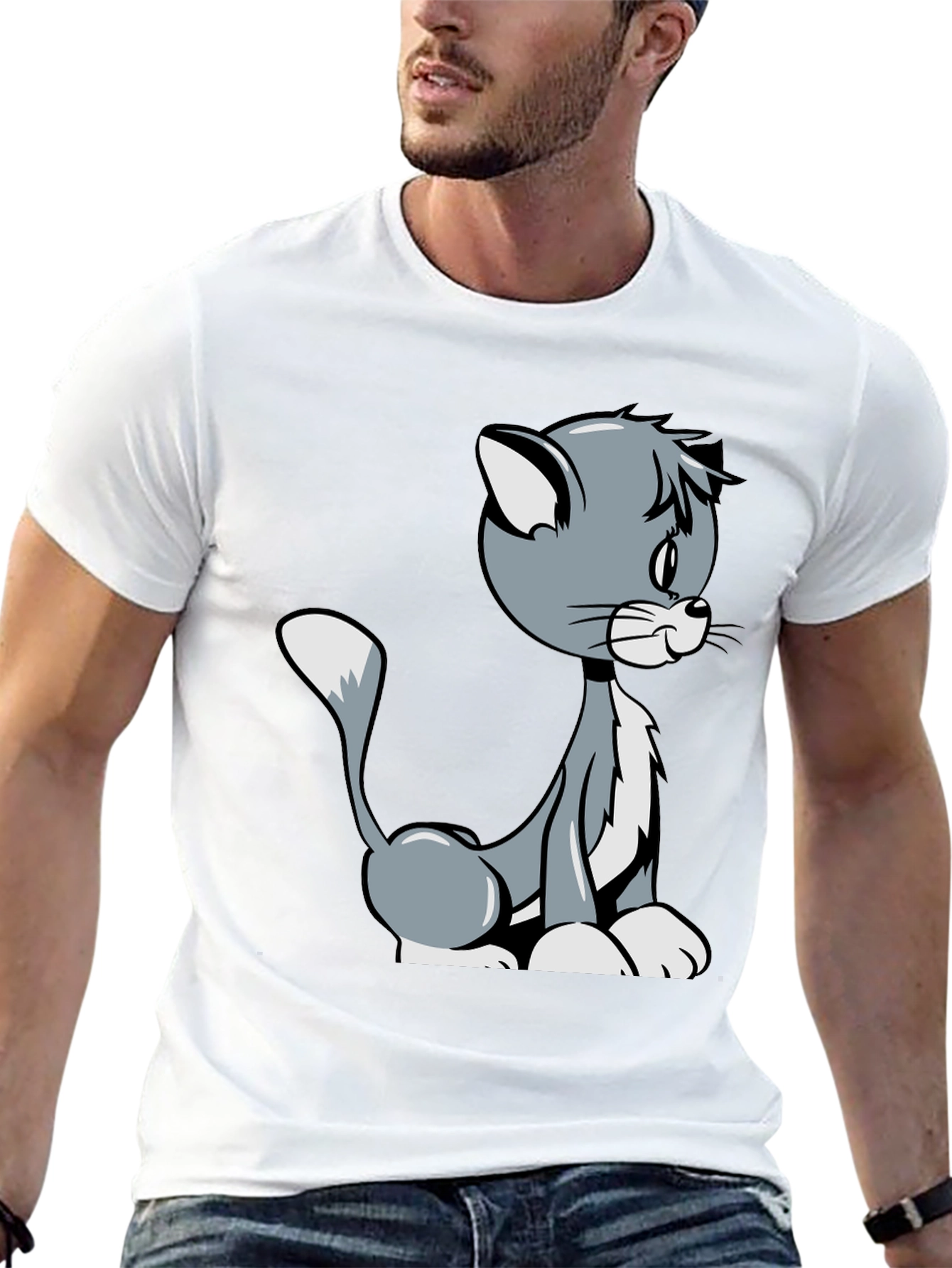 Cartoon Cat Graphic T-Shirt - Black Casual Tee