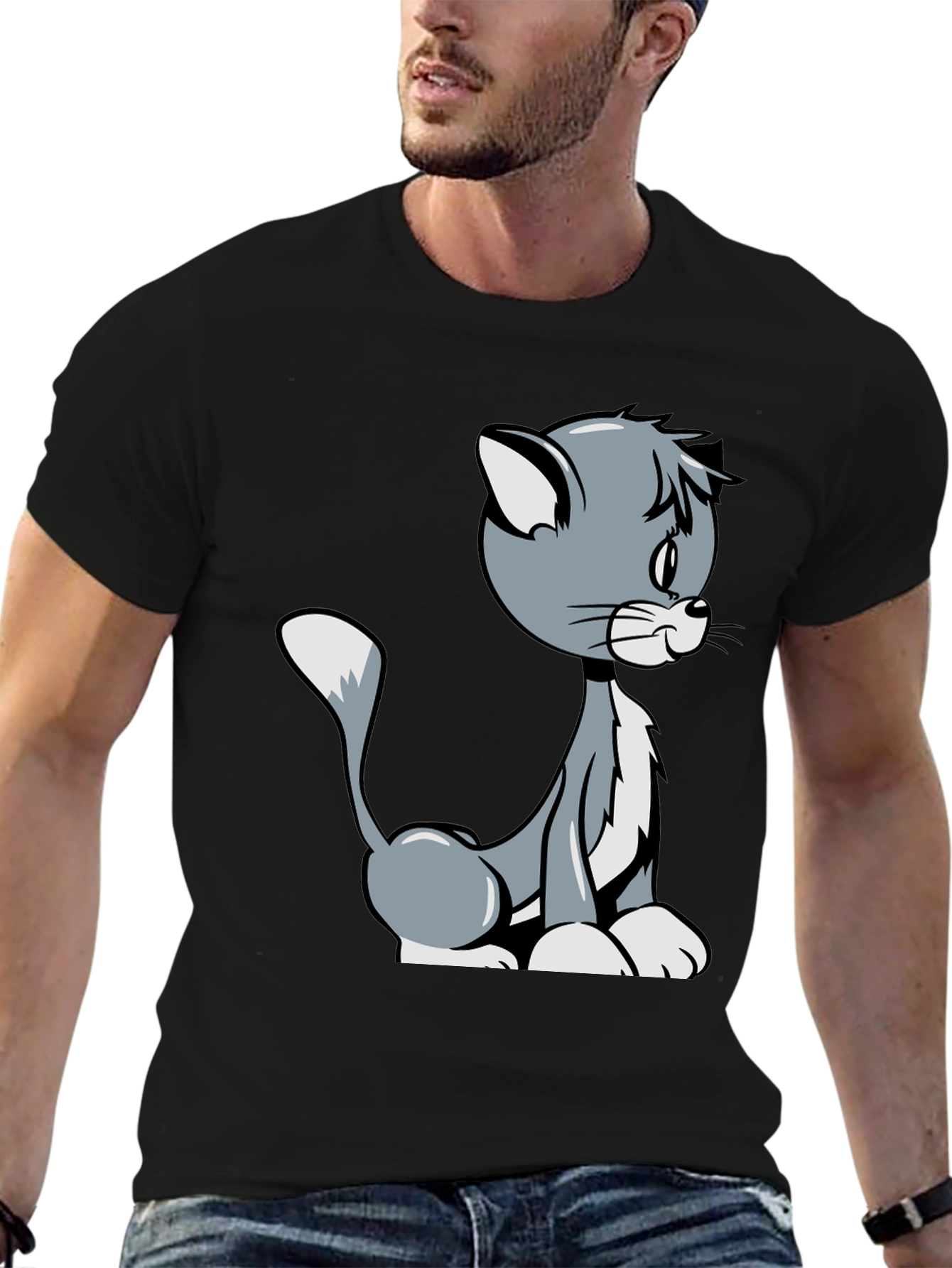 Cartoon Cat Graphic T-Shirt - Black Casual Tee