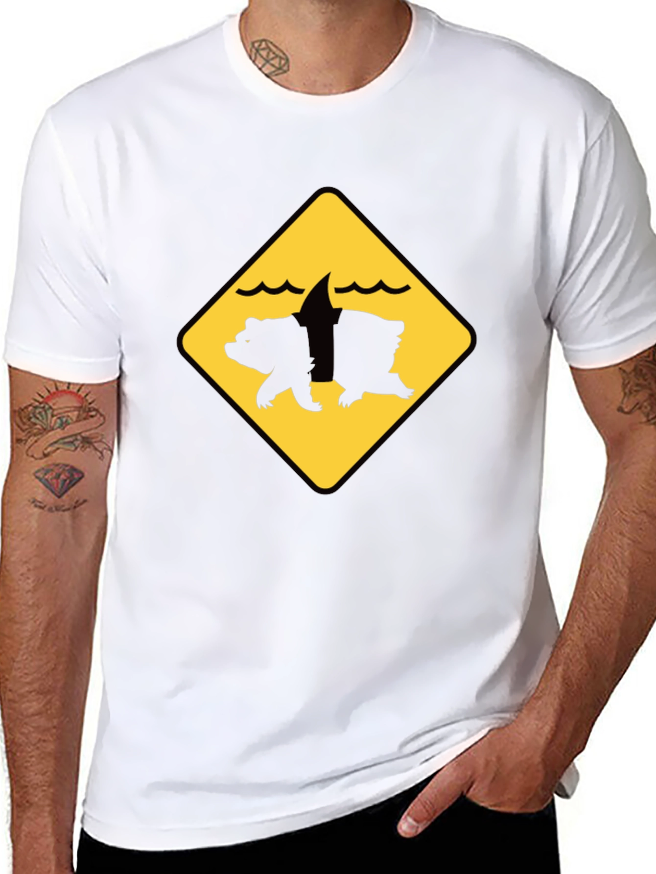Bear Shark Warning Sign T-Shirt - Novelty Animal Tee