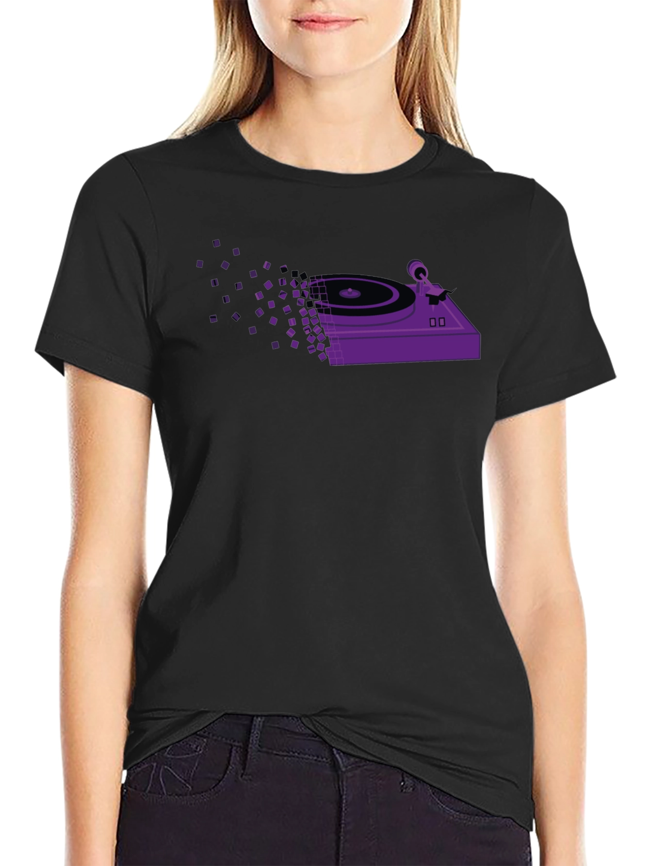 Retro Turntable Pixel T-Shirt - Black