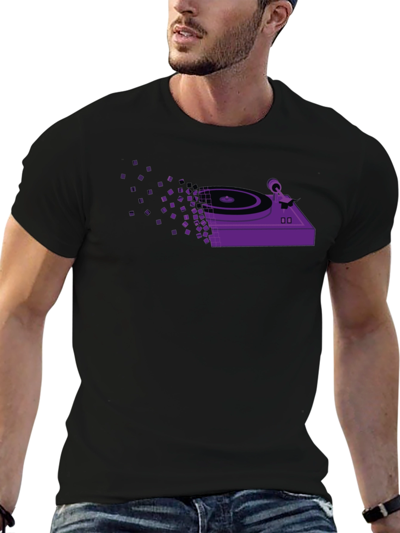 Retro Turntable Pixel T-Shirt - Black
