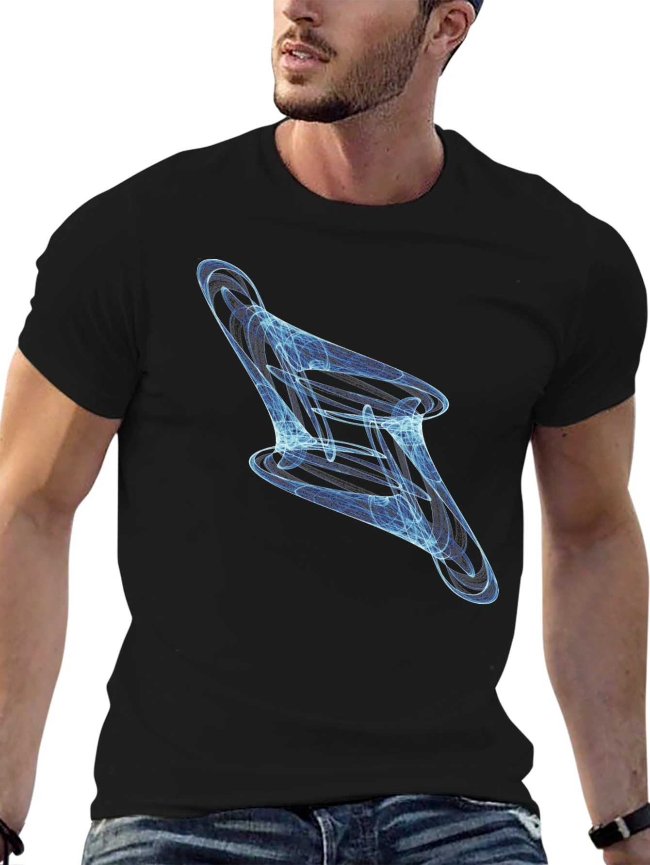 Abstract Blue Swirl Graphic Black T-Shirt