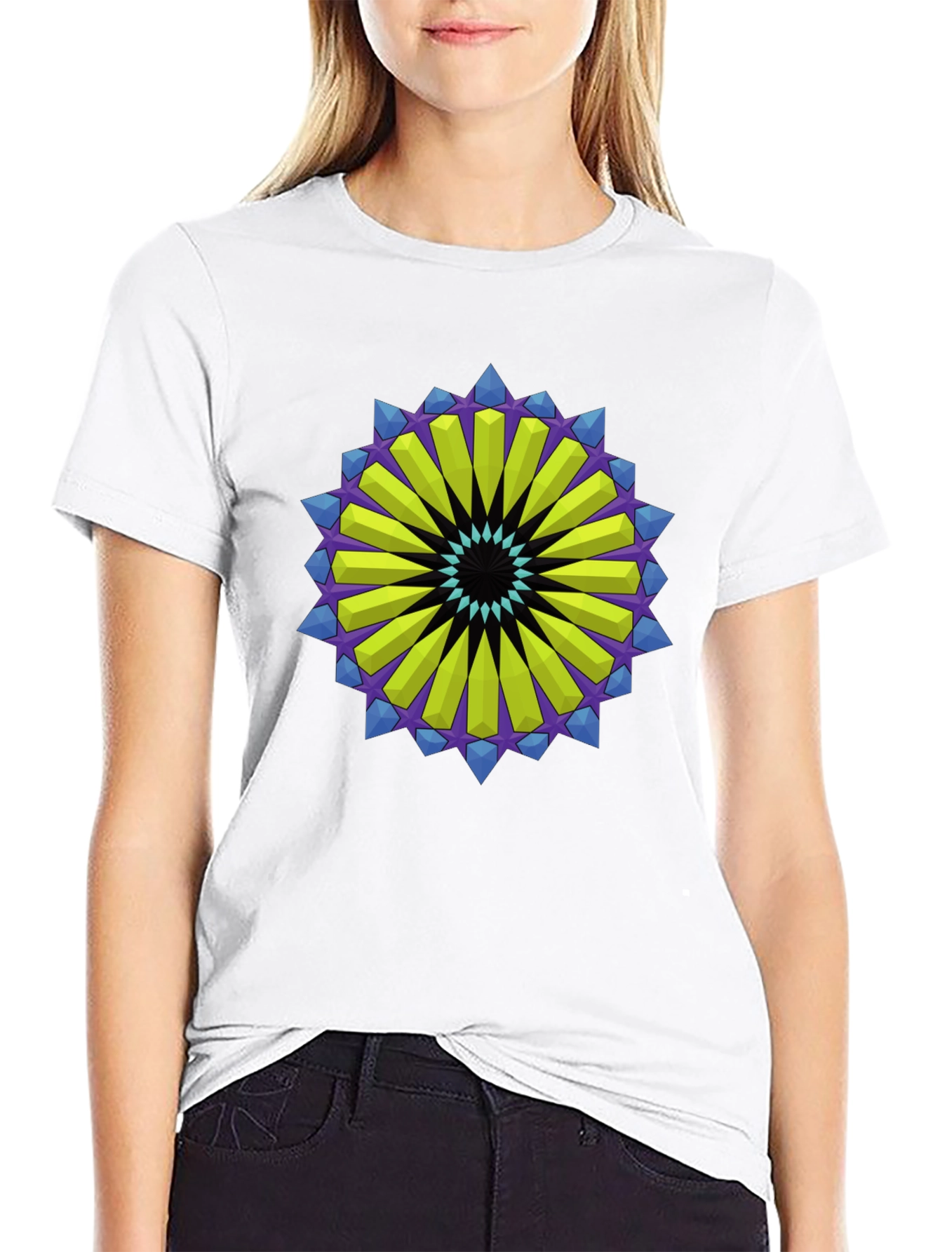 Geometric Mandala Graphic Tee - Black Cotton Blend