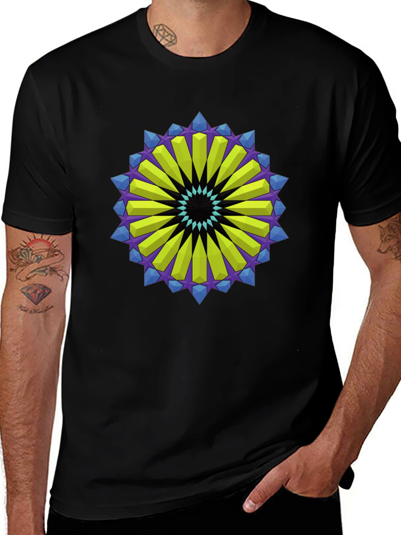 Geometric Mandala Graphic Tee - Black Cotton Blend