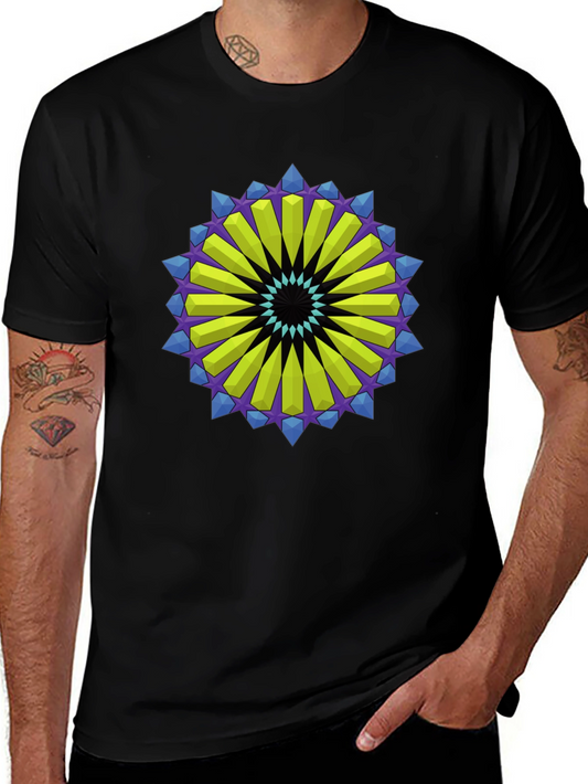 Geometric Mandala Graphic Tee - Black Cotton Blend