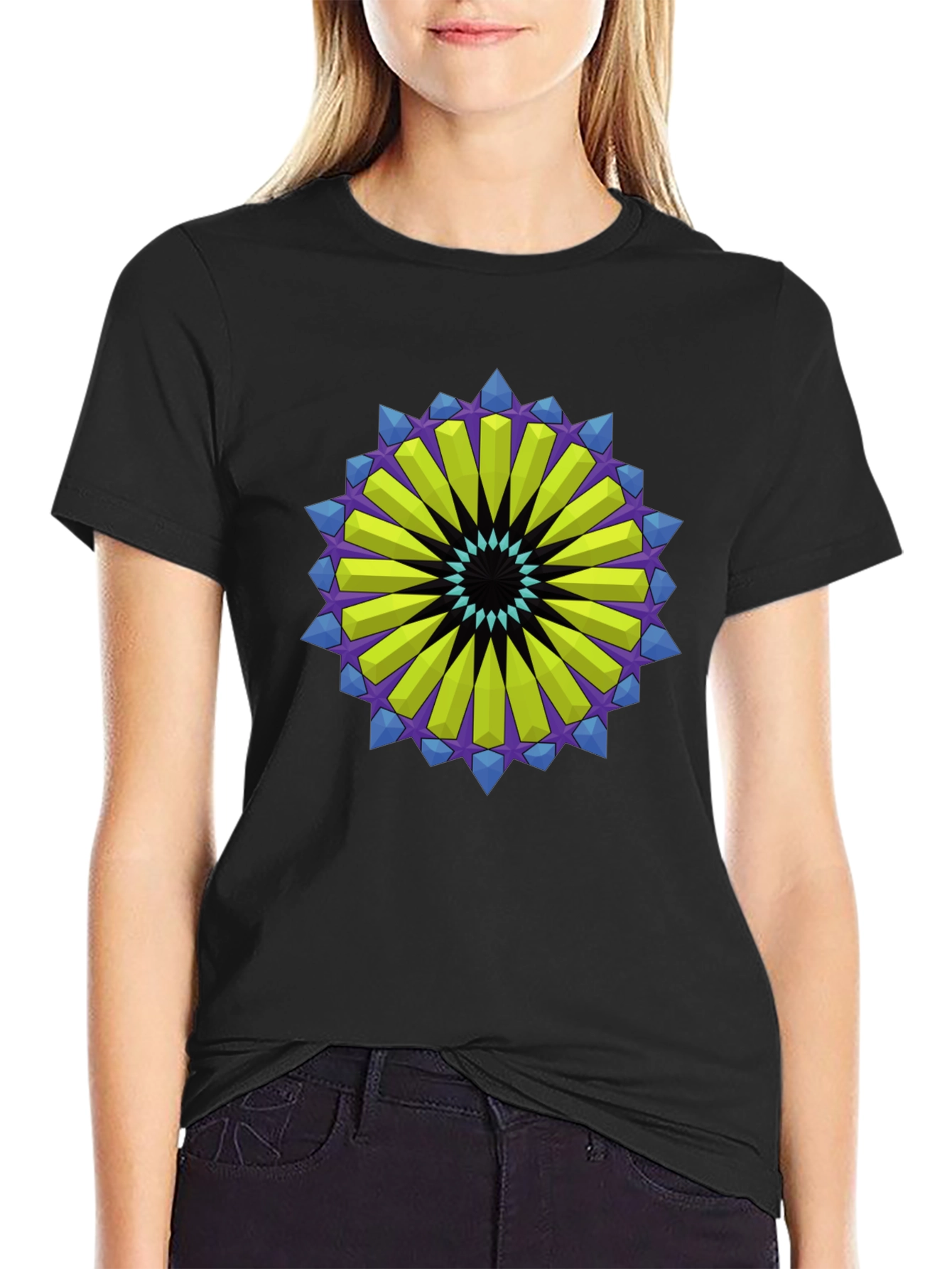 Geometric Mandala Graphic Tee - Black Cotton Blend