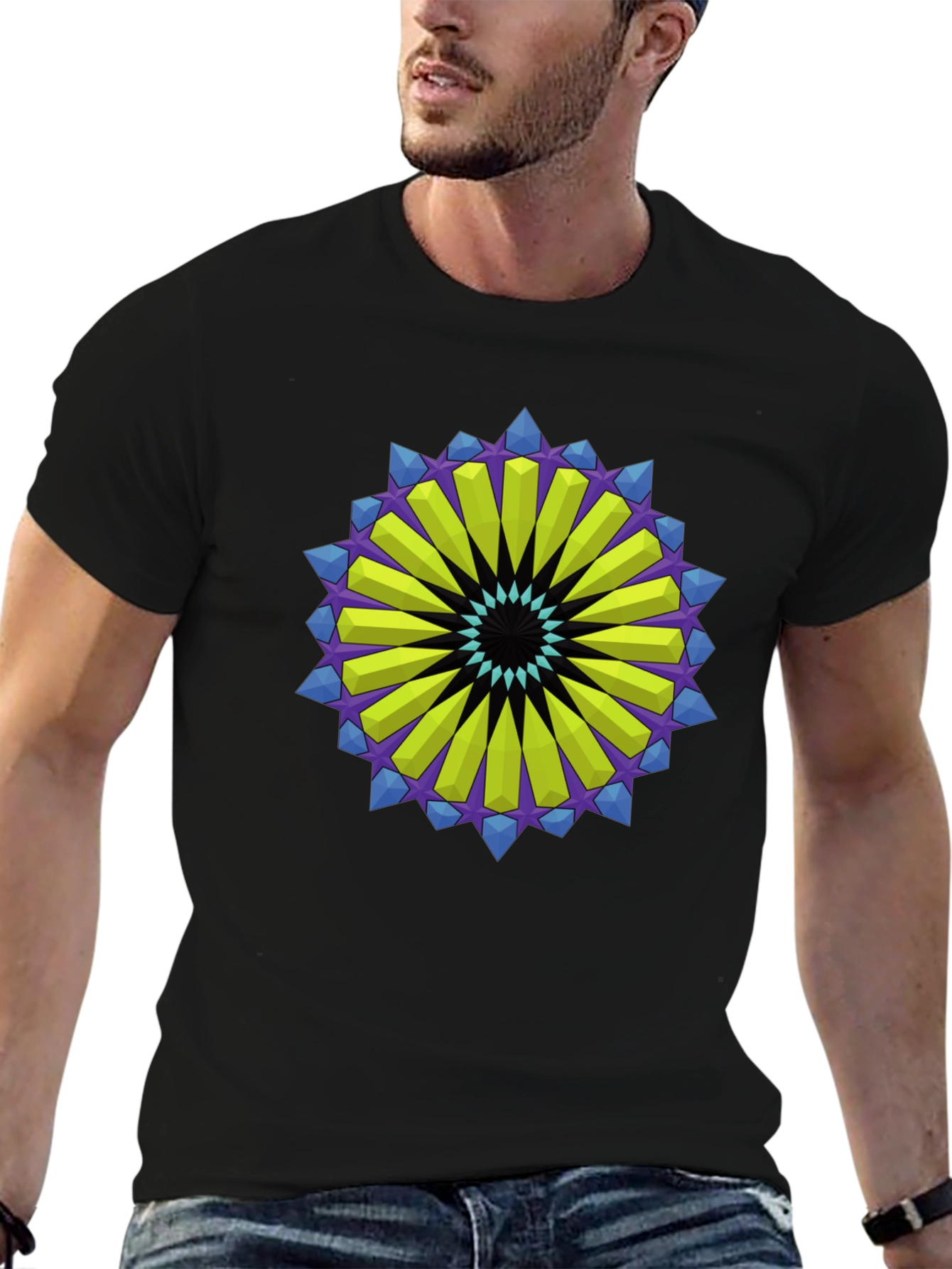Geometric Mandala Graphic Tee - Black Cotton Blend