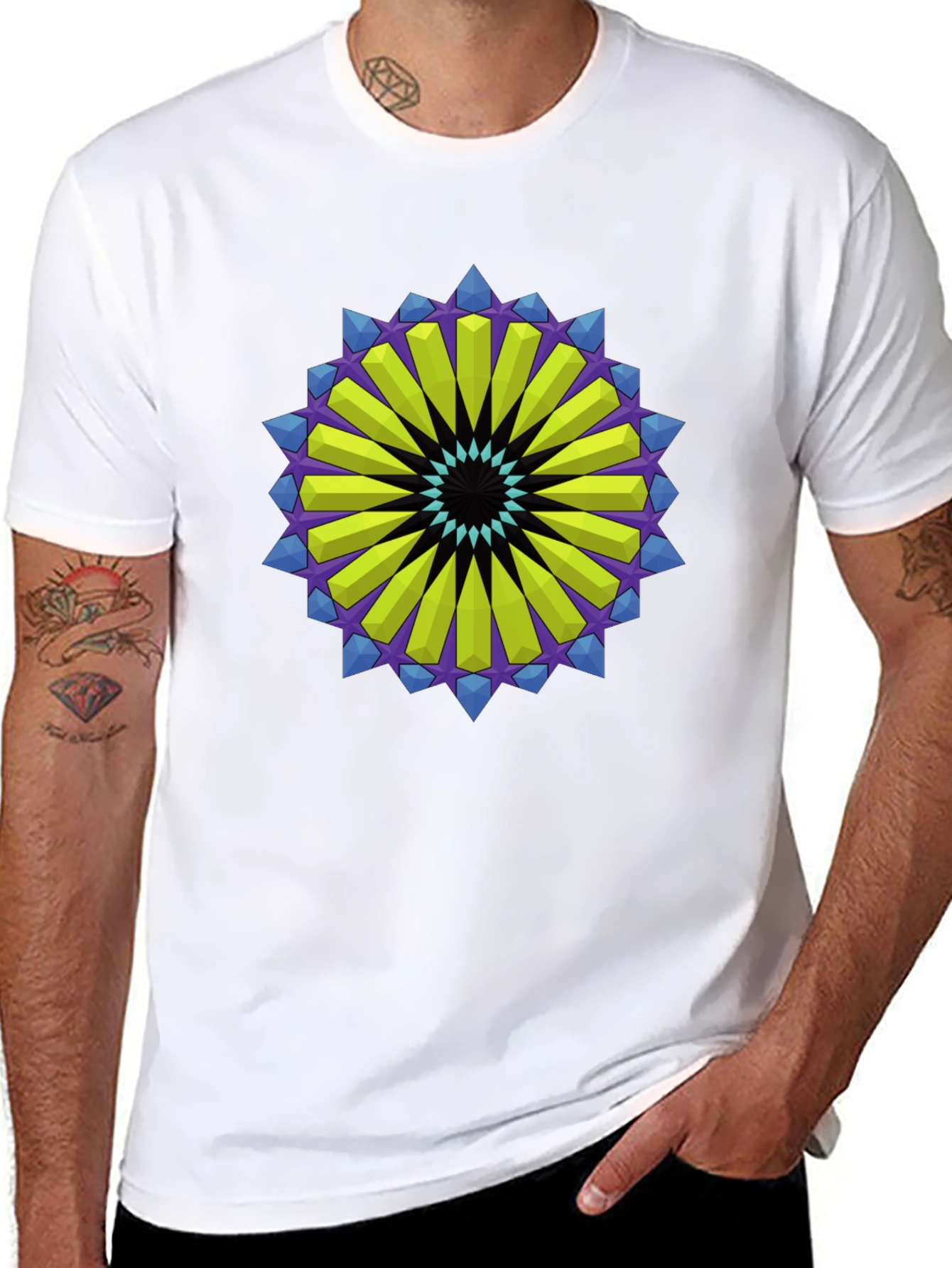 Geometric Mandala Graphic Tee - Black Cotton Blend