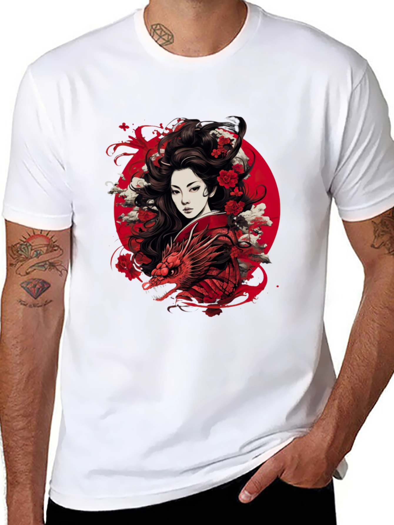 Asian Geisha Dragon T-Shirt - Black