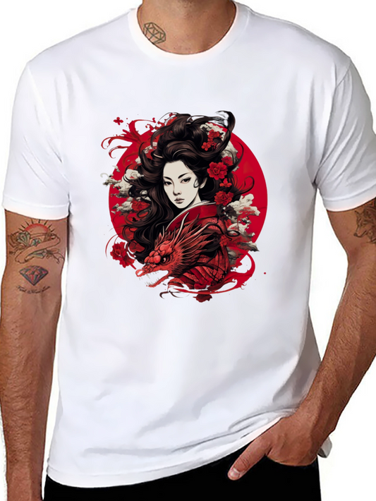 Asian Geisha Dragon T-Shirt - Black