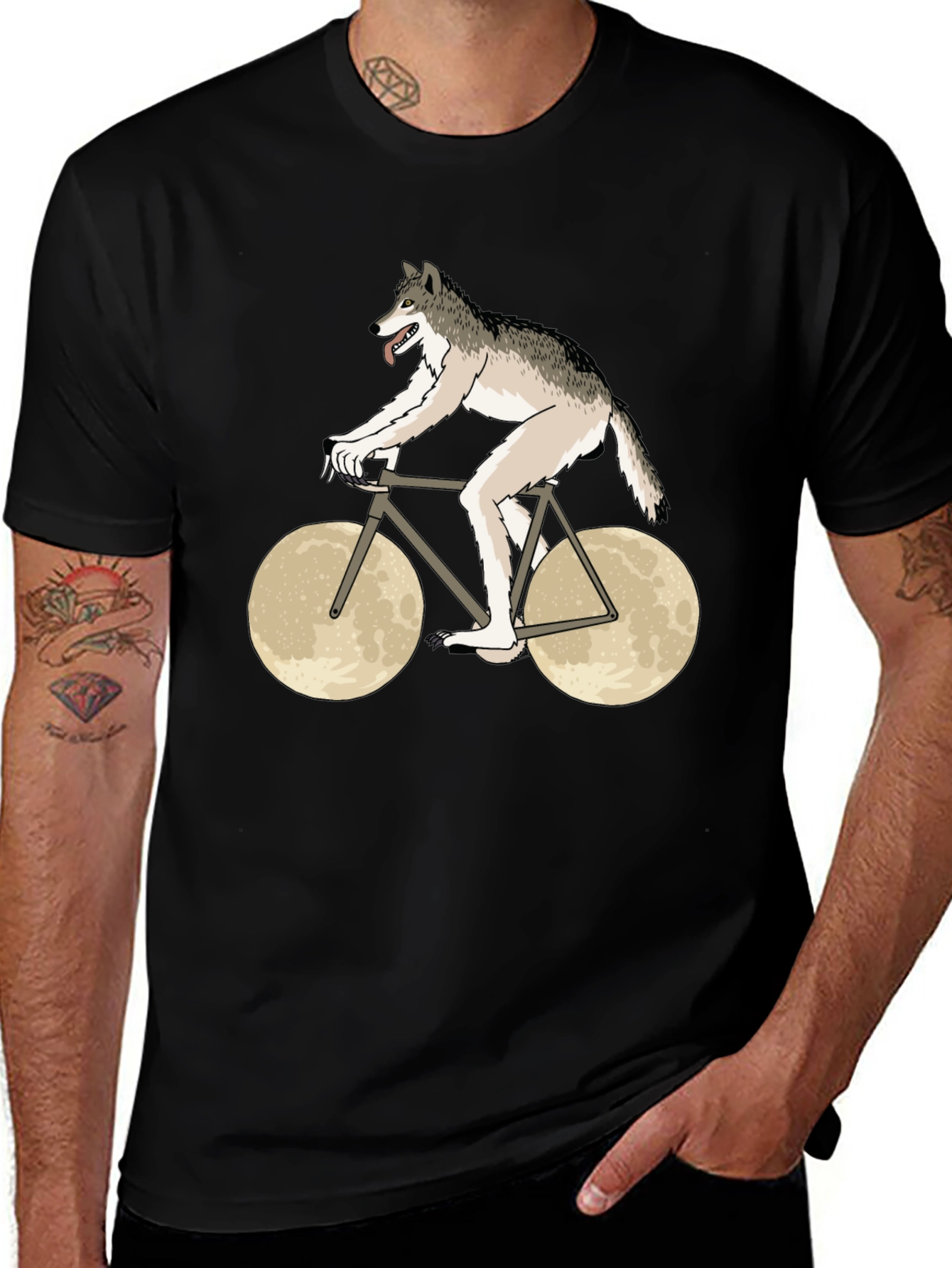 Wolf Riding Moon Bike Graphic T-Shirt