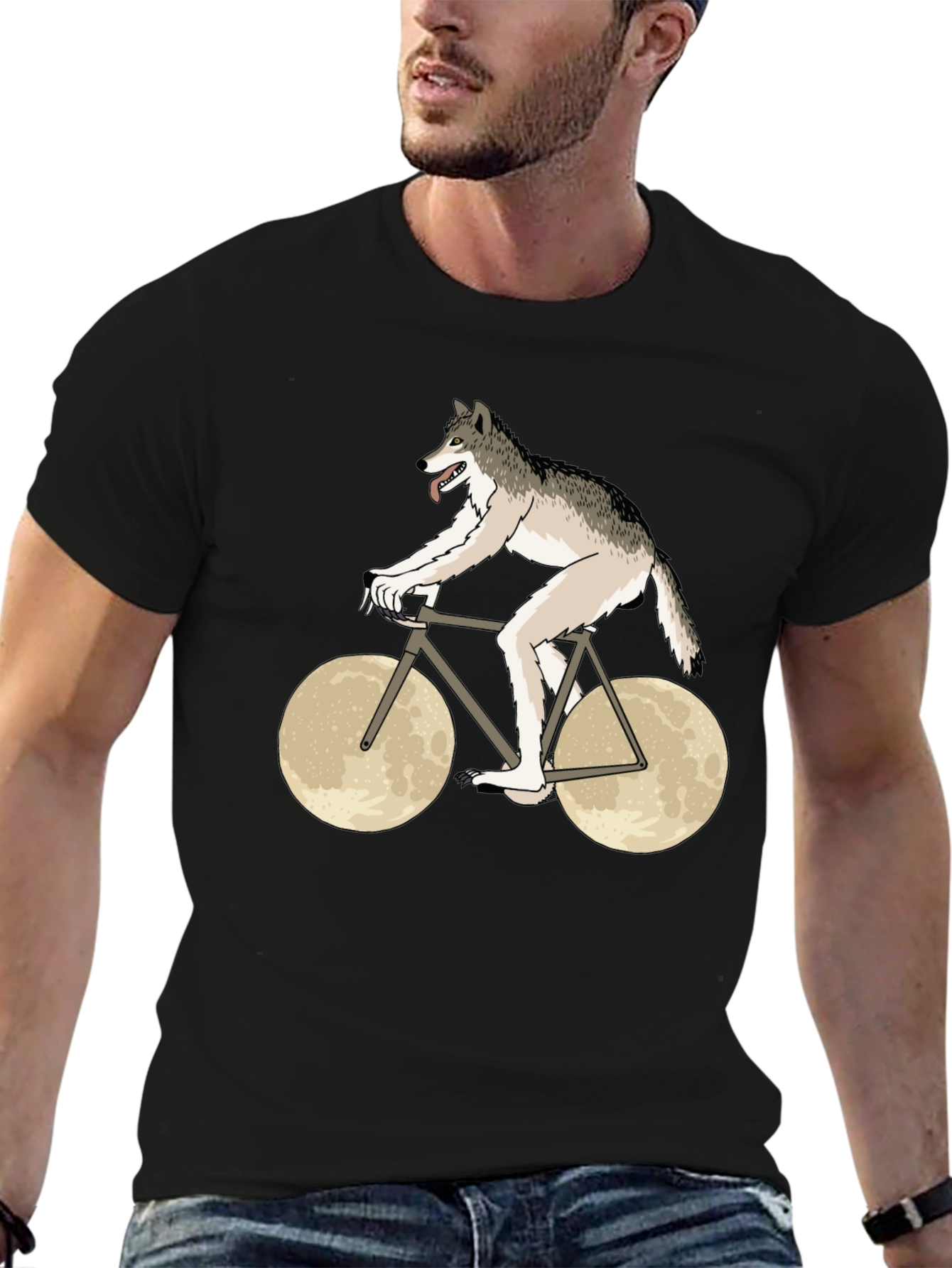 Wolf Riding Moon Bike Graphic T-Shirt