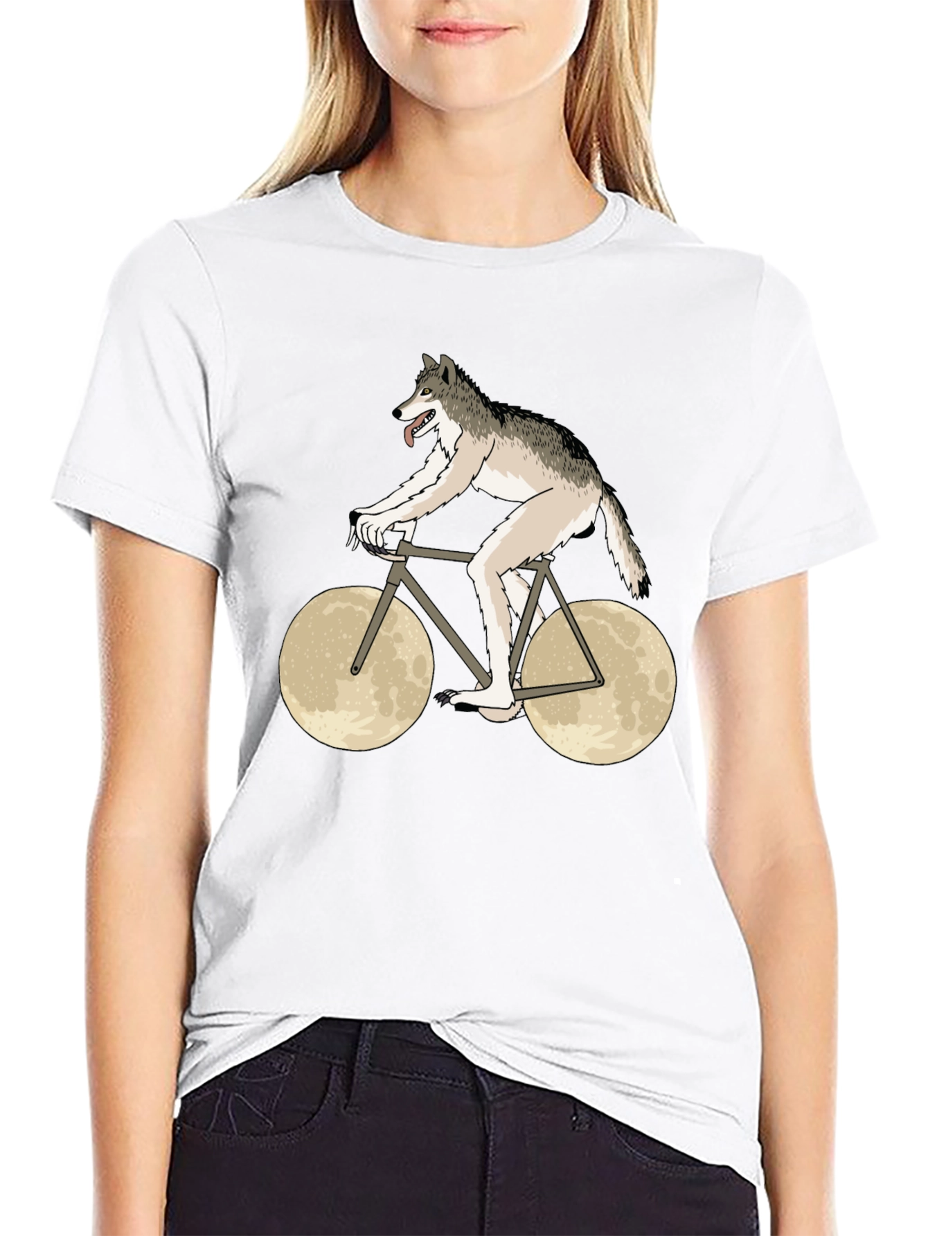 Wolf Riding Moon Bike Graphic T-Shirt