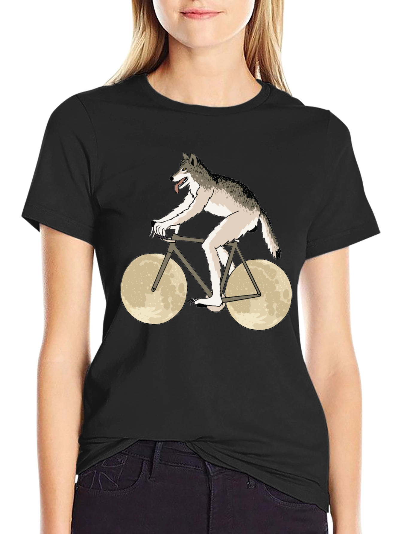 Wolf Riding Moon Bike Graphic T-Shirt