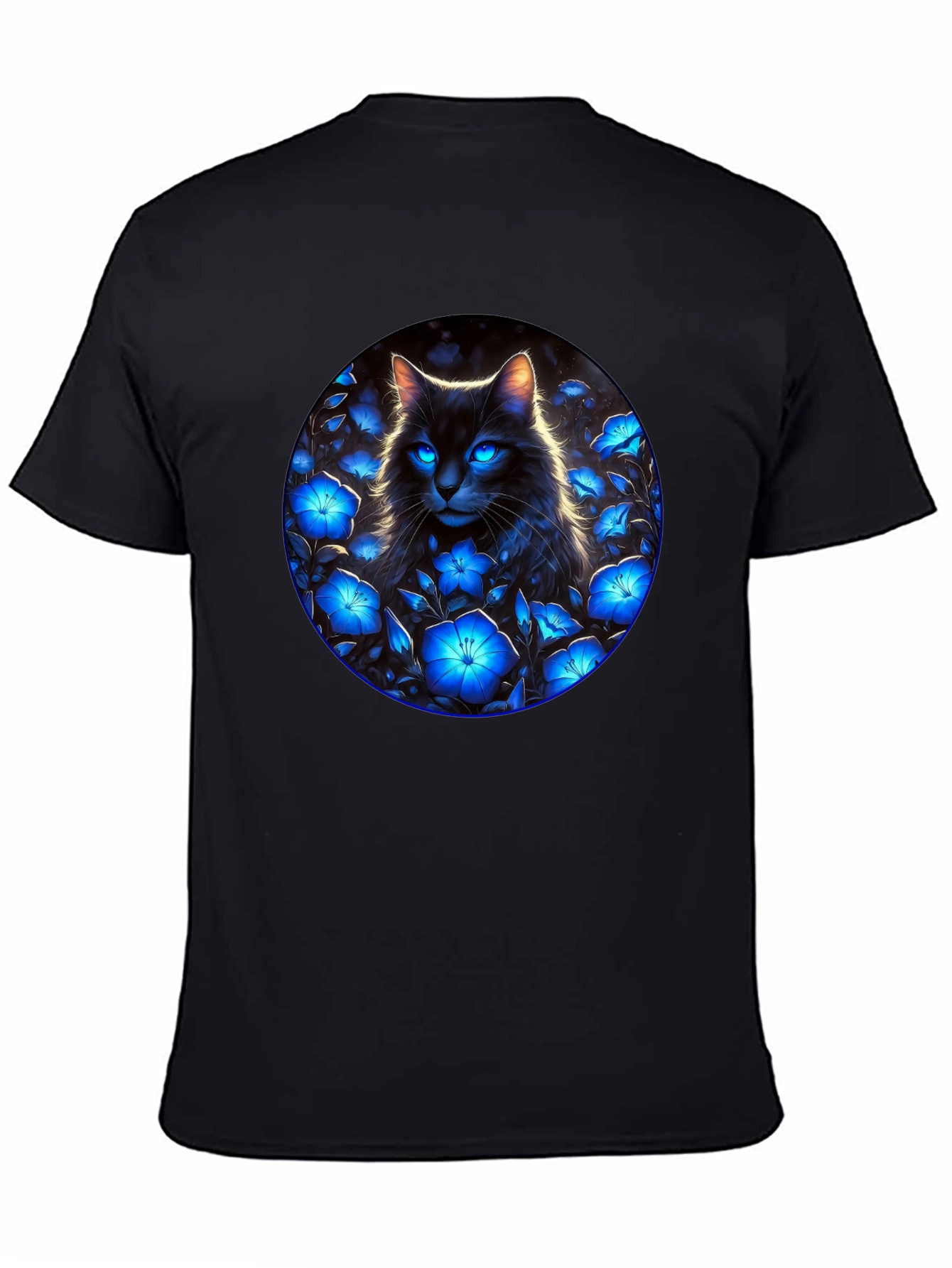 Black Cat in Blue Flowers Graphic Tee