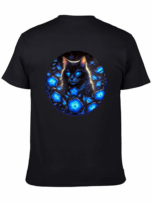 Black Cat in Blue Flowers Graphic Tee