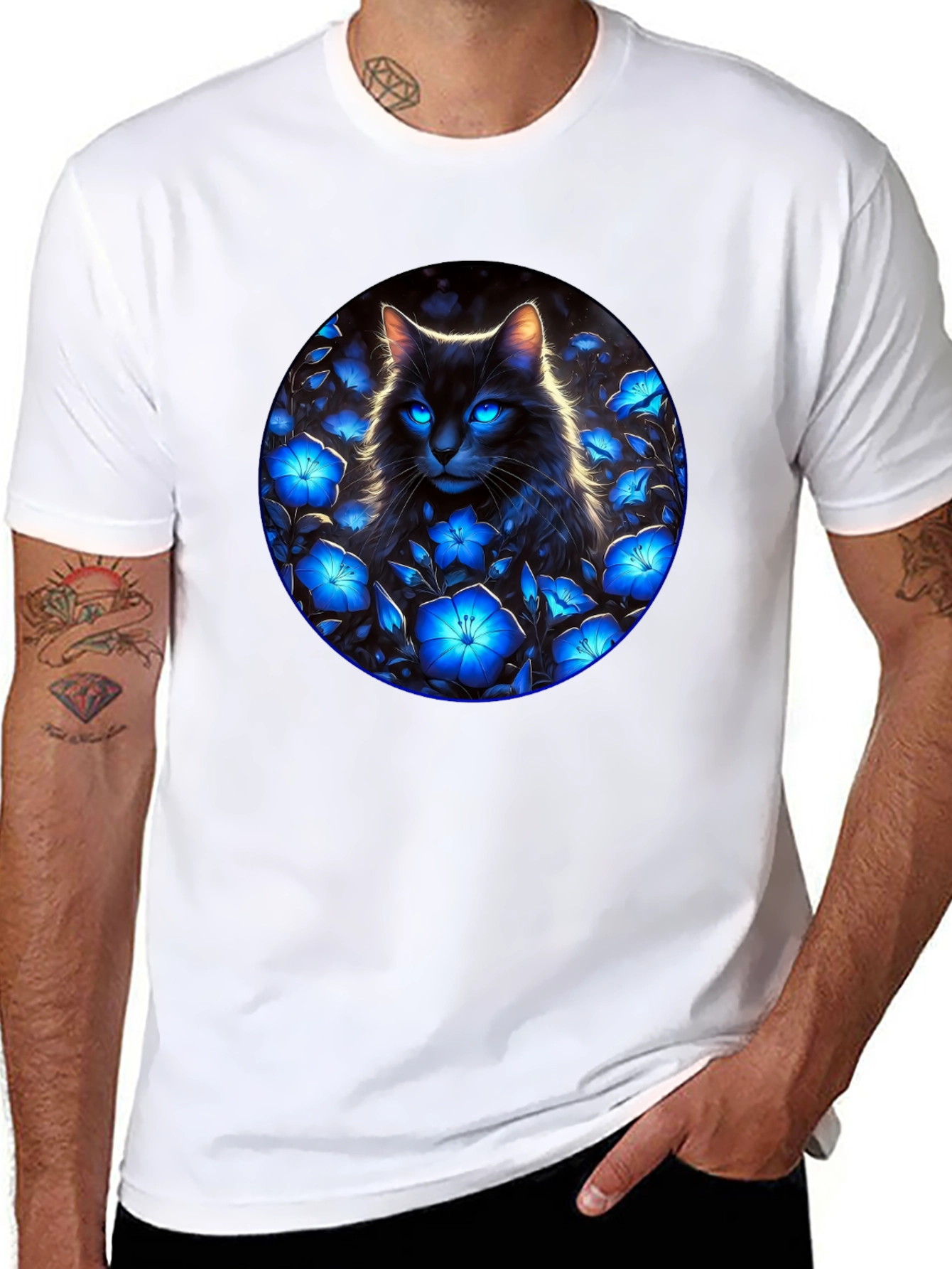 Black Cat in Blue Flowers Graphic Tee