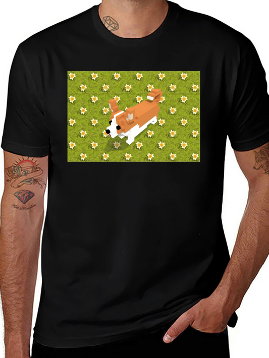 Pixel Dog T-Shirt - Corgi on Flowers