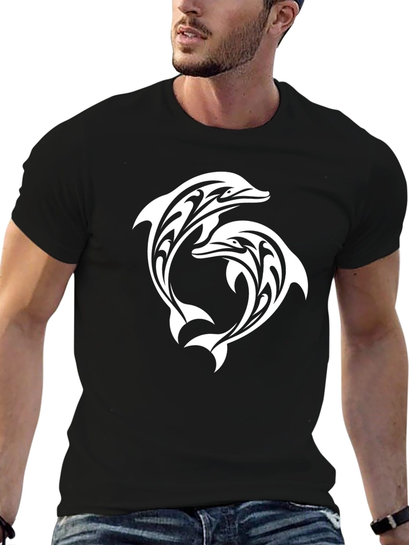Tribal Dolphin Graphic Black T-Shirt