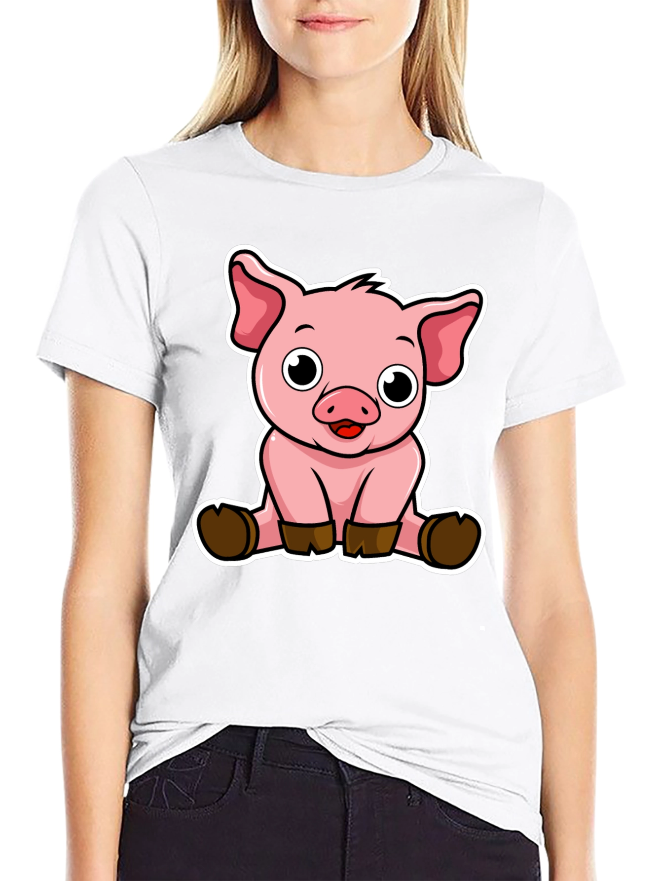 Cute Pig Graphic Tee - Black Cotton T-Shirt
