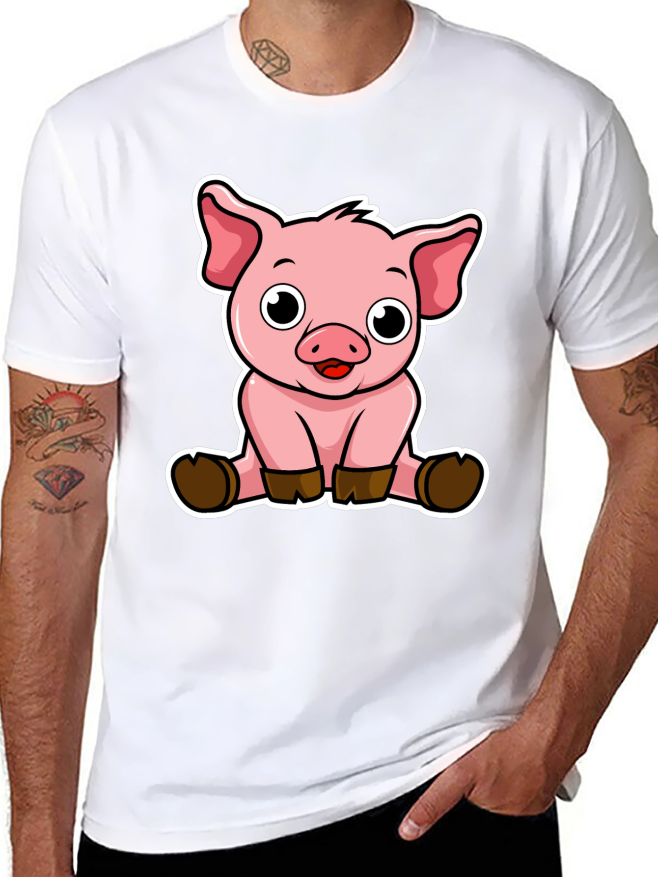 Cute Pig Graphic Tee - Black Cotton T-Shirt