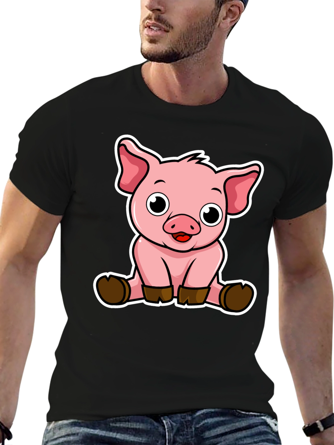 Cute Pig Graphic Tee - Black Cotton T-Shirt