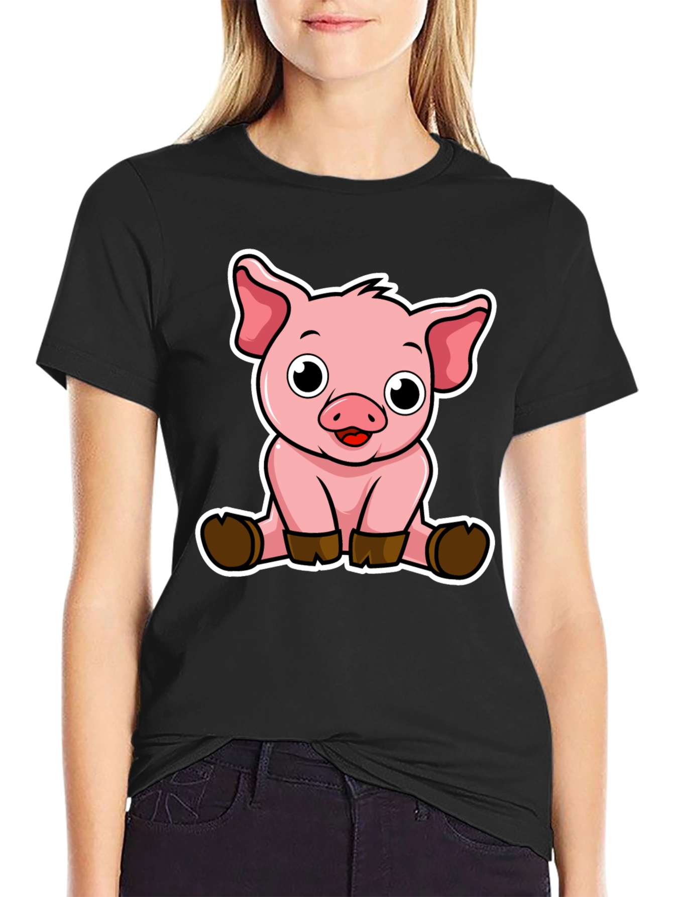 Cute Pig Graphic Tee - Black Cotton T-Shirt