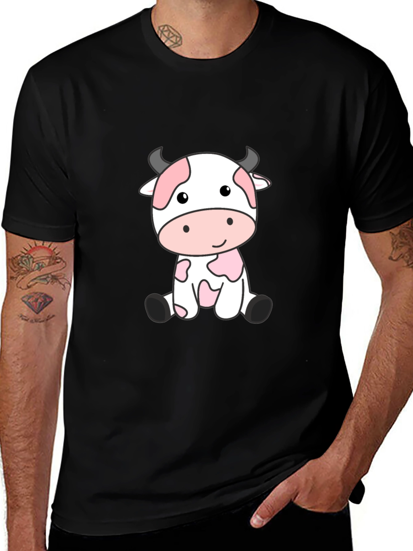 Cute Cartoon Cow Black T-Shirt