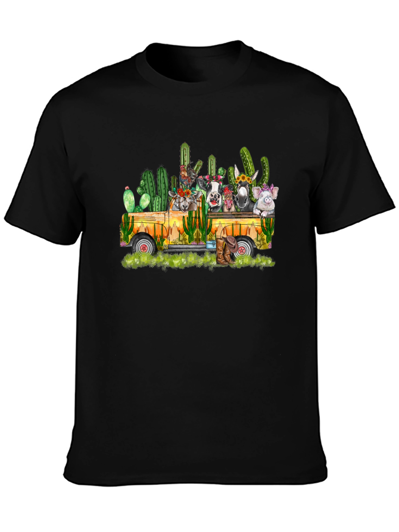 Farm Animal Cactus Truck Black T-Shirt